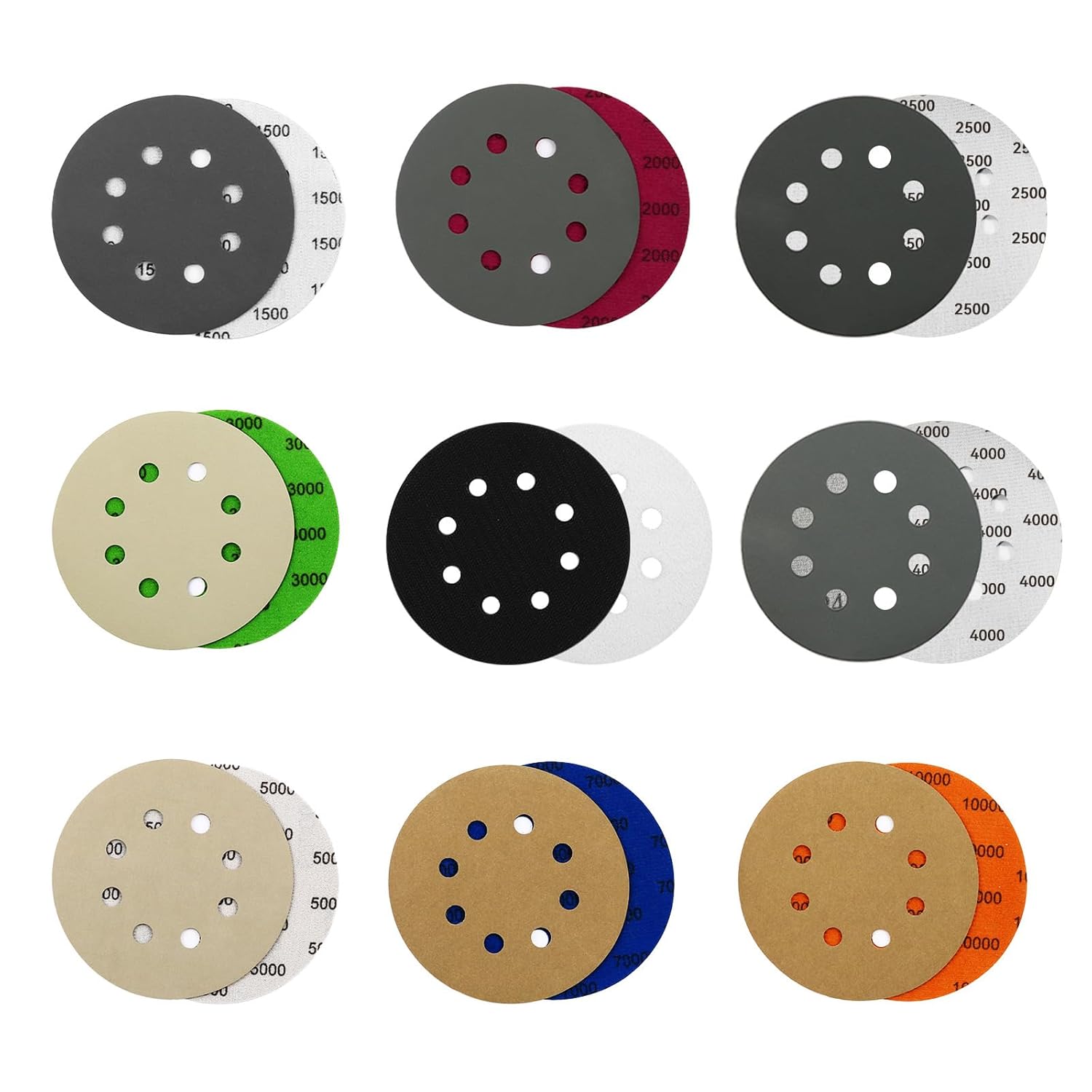 100PCS 5 Inch Sanding Discs Hook & Loop Sandpaper 400/600/800/1000/1500/2000/3000/5000/7000/10000 Grit Orbital Wet Dry Sandpaper with 2PCS Interface Pads for Automotive Wood Metal Polishing