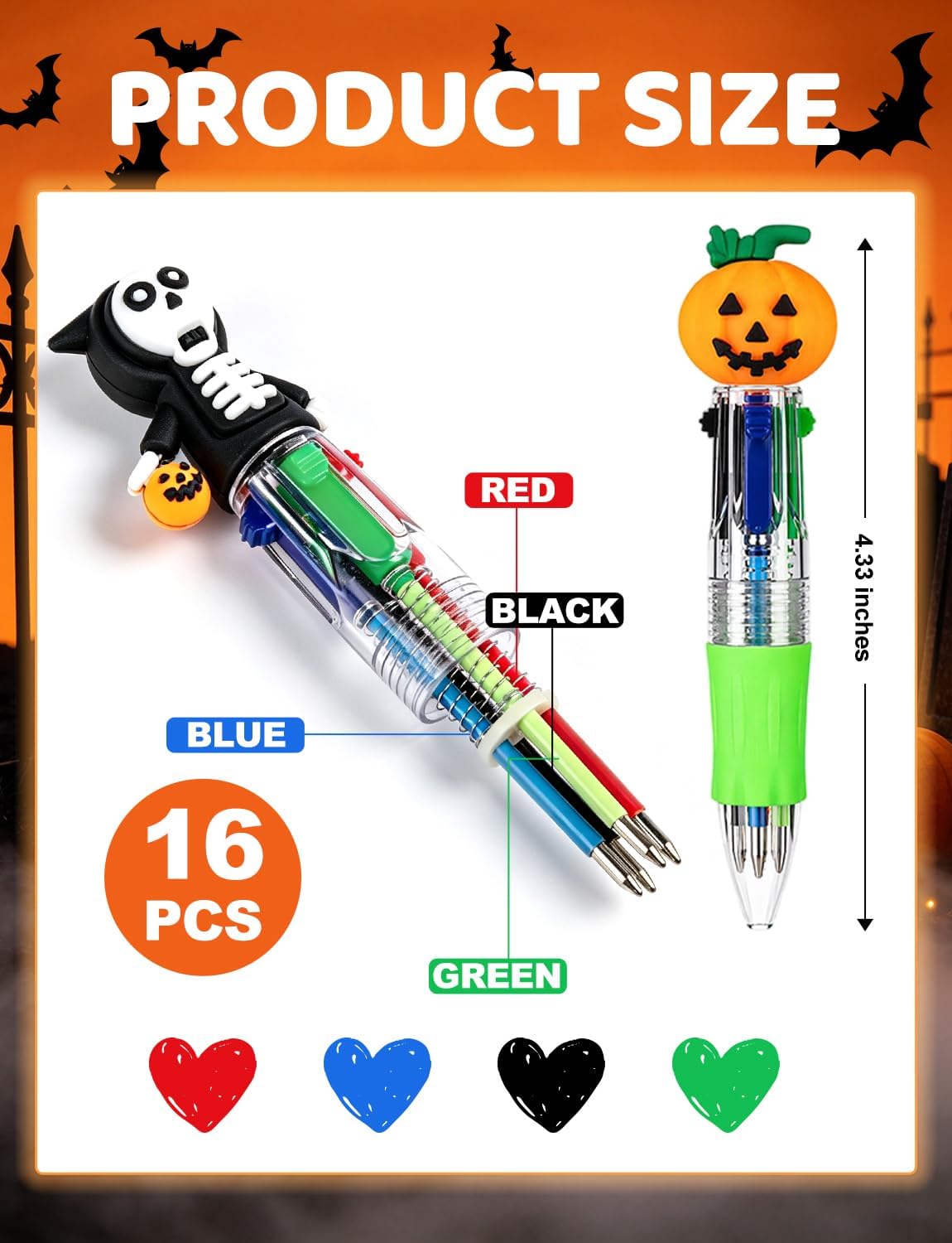 16 Pcs 4 in 1 Mini Halloween Multicolor Ballpoint Pens Bulk for Kids image 3