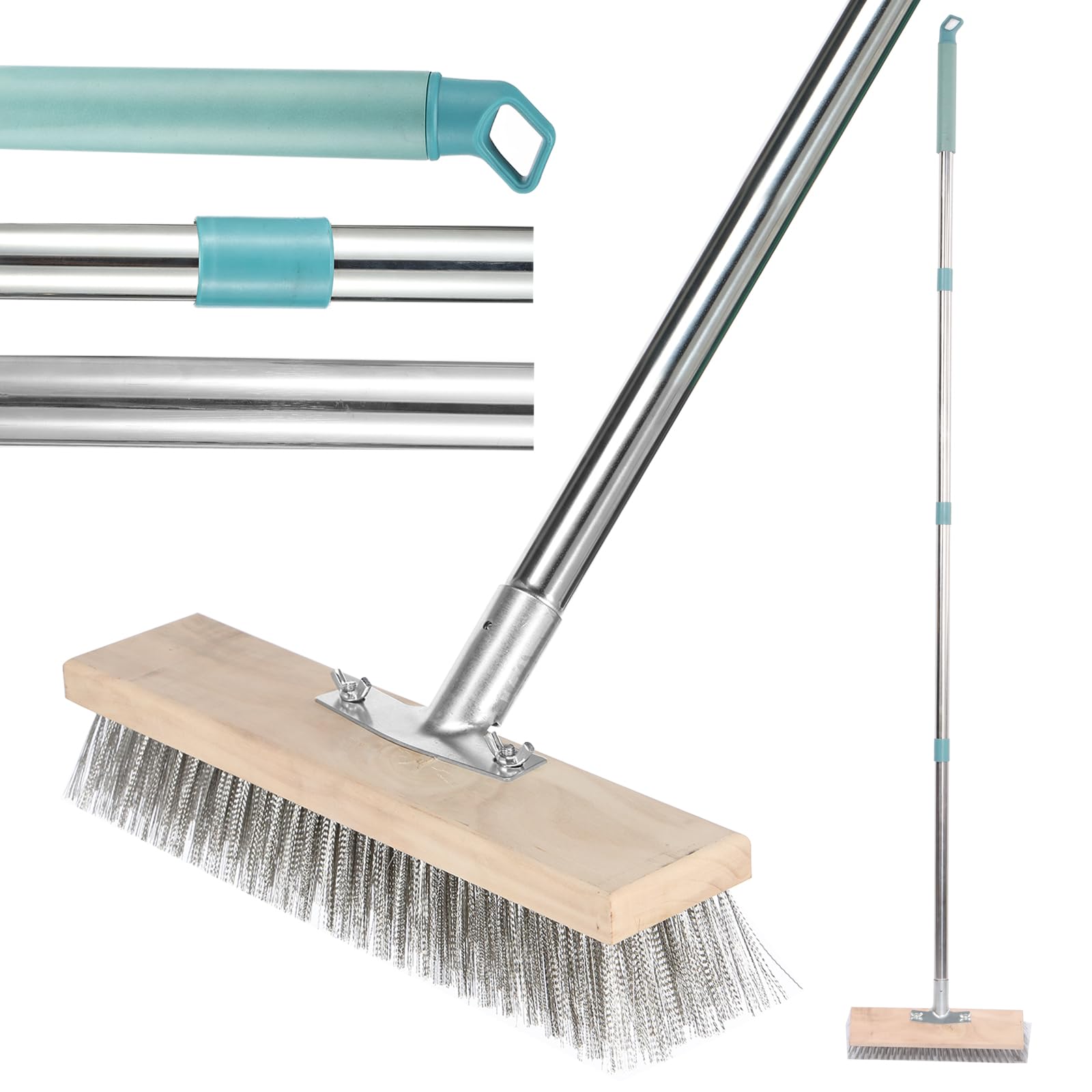 Nihuifdpy 30X175cm Heavy Duty Stainless Steel Wire Broom With 175Cm Telescopic Handle, Stiff Metal Bristle Brush For Removing Weed Moss Algae, Outdoor Floor Scrub Bristles Scrubber For Patio, Deck, Garden(30X175cm)