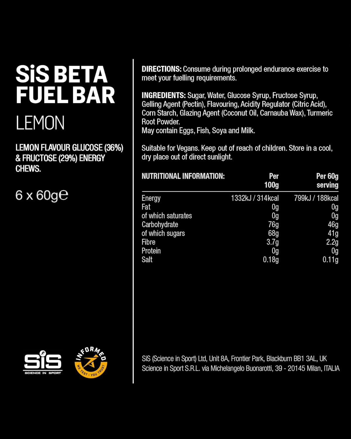Энергетические жвачки SiS Science in Sport Beta Fuel с двумя источниками энергии, Barras energéticas veganas, Sabor Limón, 45 г углеводов, Barra de 60 г, упаковка из 6, фото 2