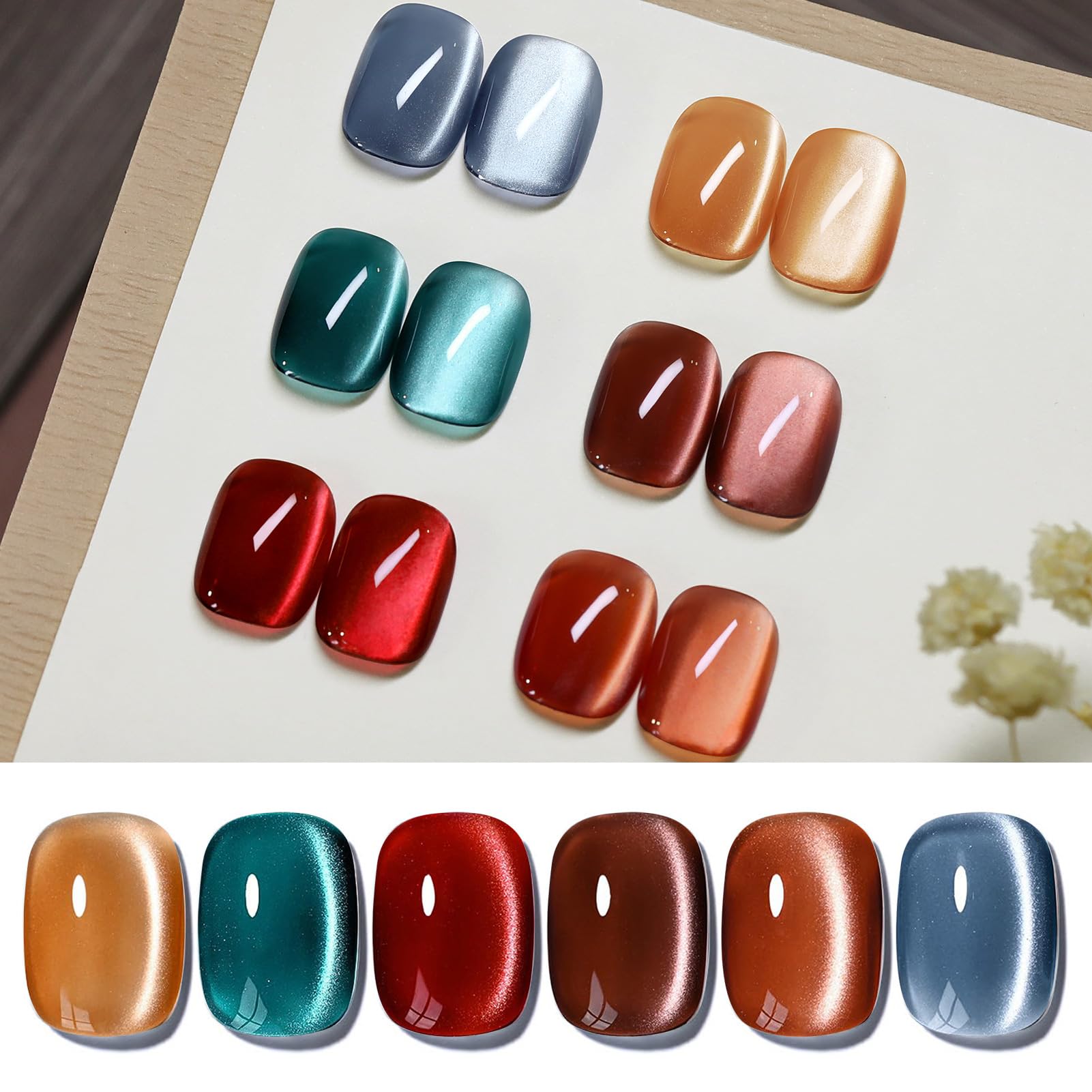 Magnetic Nails, Set of 6 Colors, Cat Eye Effect, Nail Gel, 3D Glossy, Sparkle, Sustainable, Hypoallergenic, For Beginners, UV/LED Compatible, Magnetic Gel Nails, Glass Ball Cat Eye Series