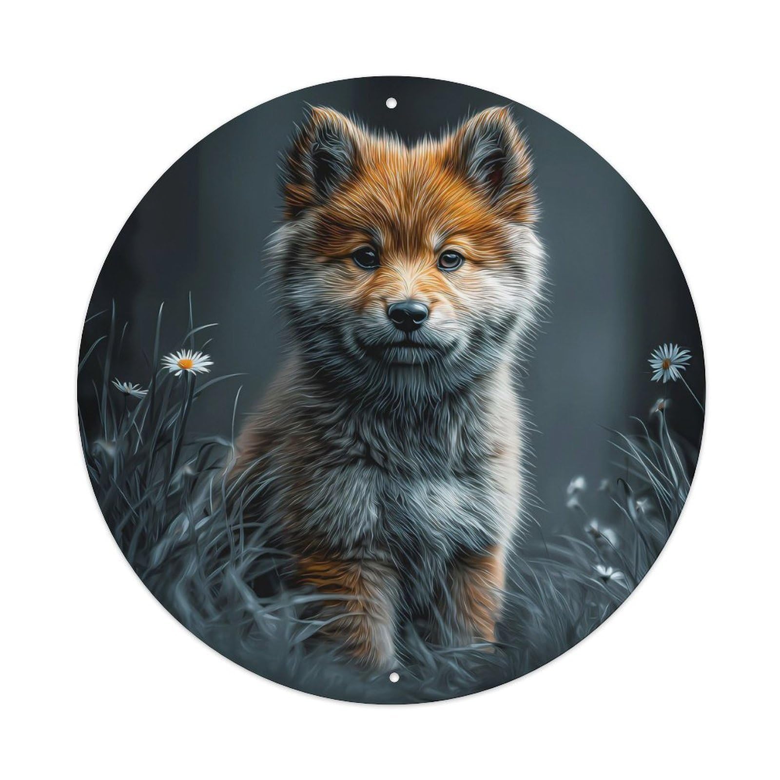 Animal Poster Red Fox Cub Daisy Wild Meadow Peaceful Nature Vintage Metal Tin Sign Plaque Wall Decor for Cafe, Club Bar, Office, Garden Metal Poster 8x8Inch