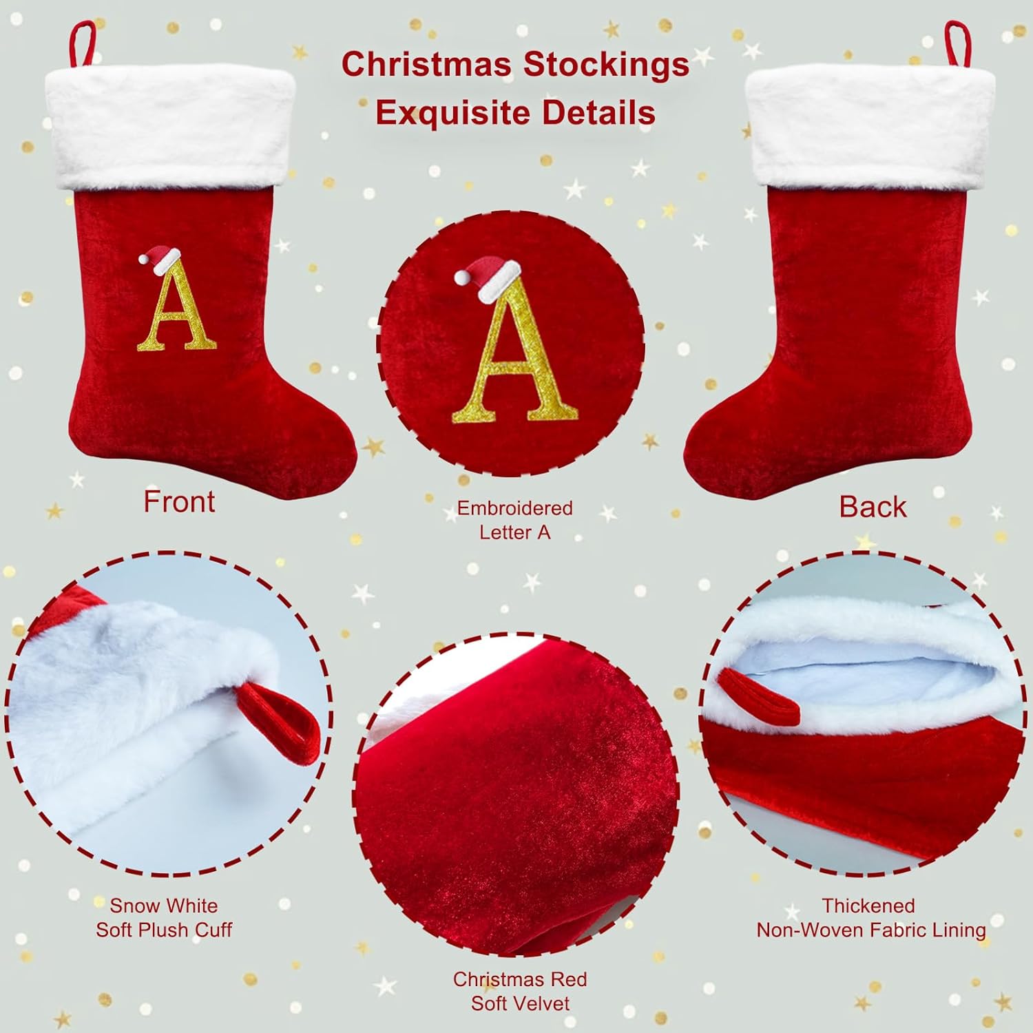 21-Inch Monogrammed Christmas Stockings with Embroidered Initial Letter A, Red Velvet with 10 inch White Plush Cuff Personalized Christmas Stocking for Xmas Tree Fireplace Family Decor Gifts - Image 2