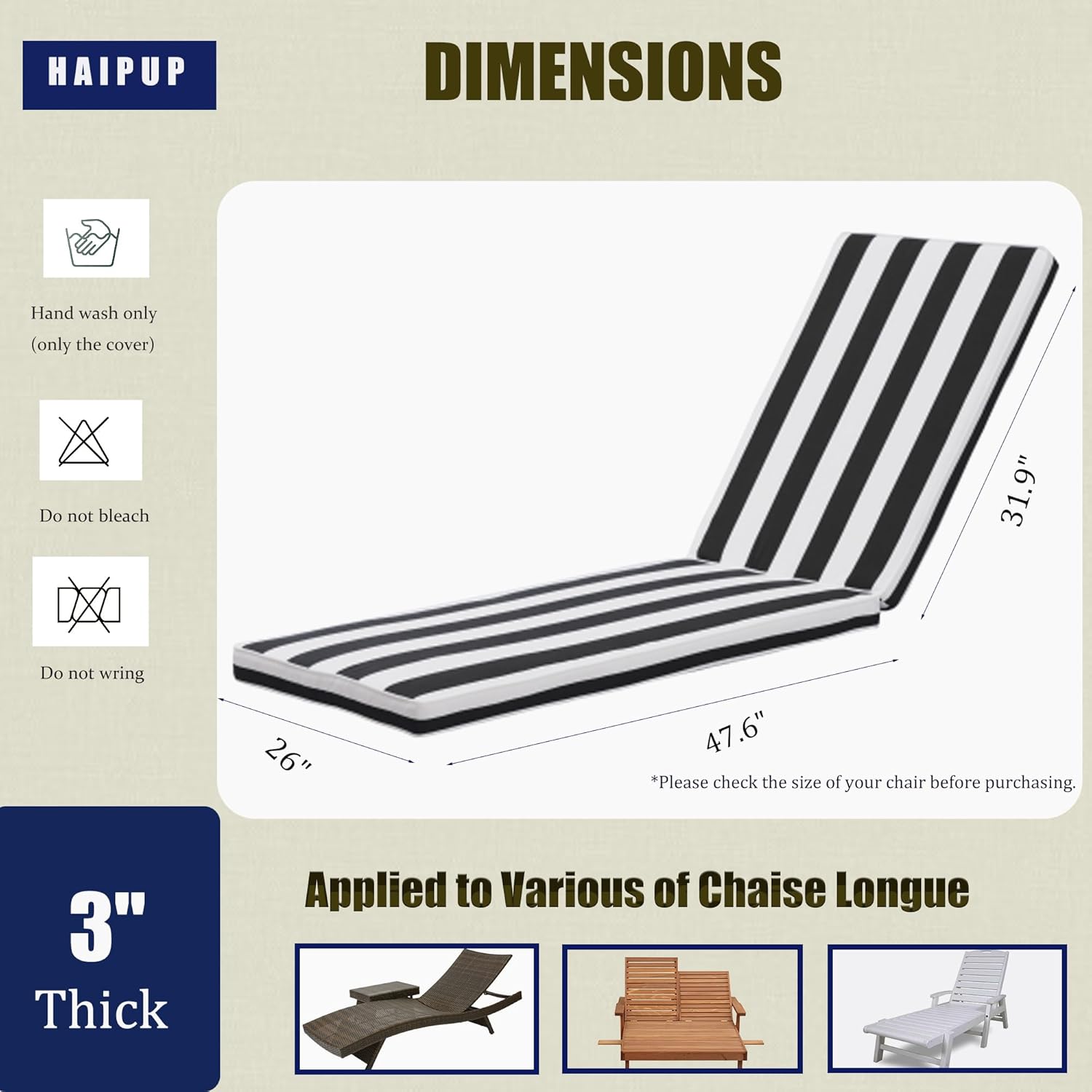 Set of 2 Chaise Lounge Cushions Outdoor, 3" Thick Lounge Chair Cushion Indoor Outdoor Furniture Cushion for Patio Pool(Black & White Stripe)
