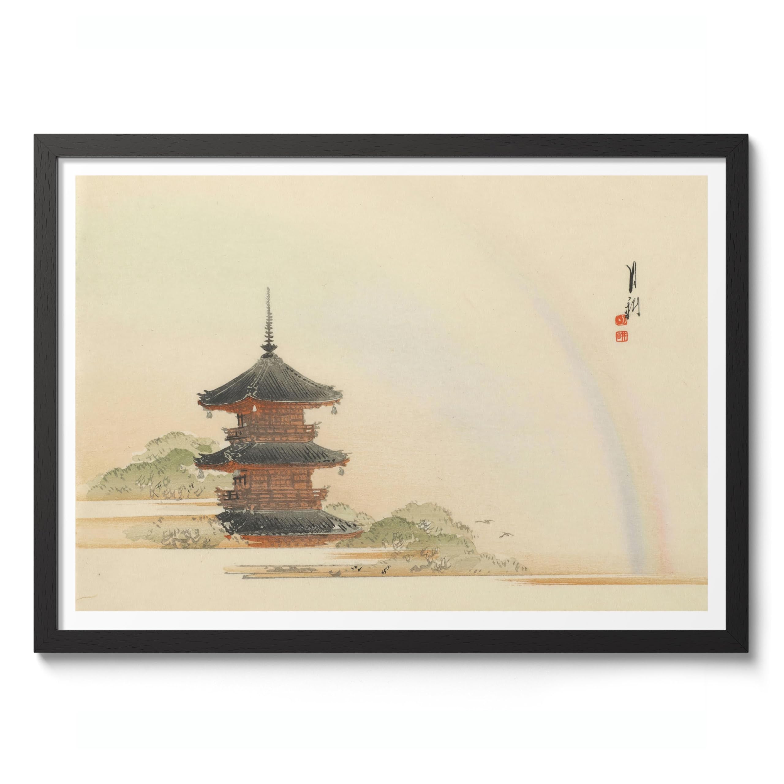 Animato Pagoda & Rainbow Ogata Gekko Poster, Japanese Woodblock Ukiyo-E Print, Vintage Art Picture Painting Wall Art Exhibition, 50x70cm (Black Frame) - 50x70cm