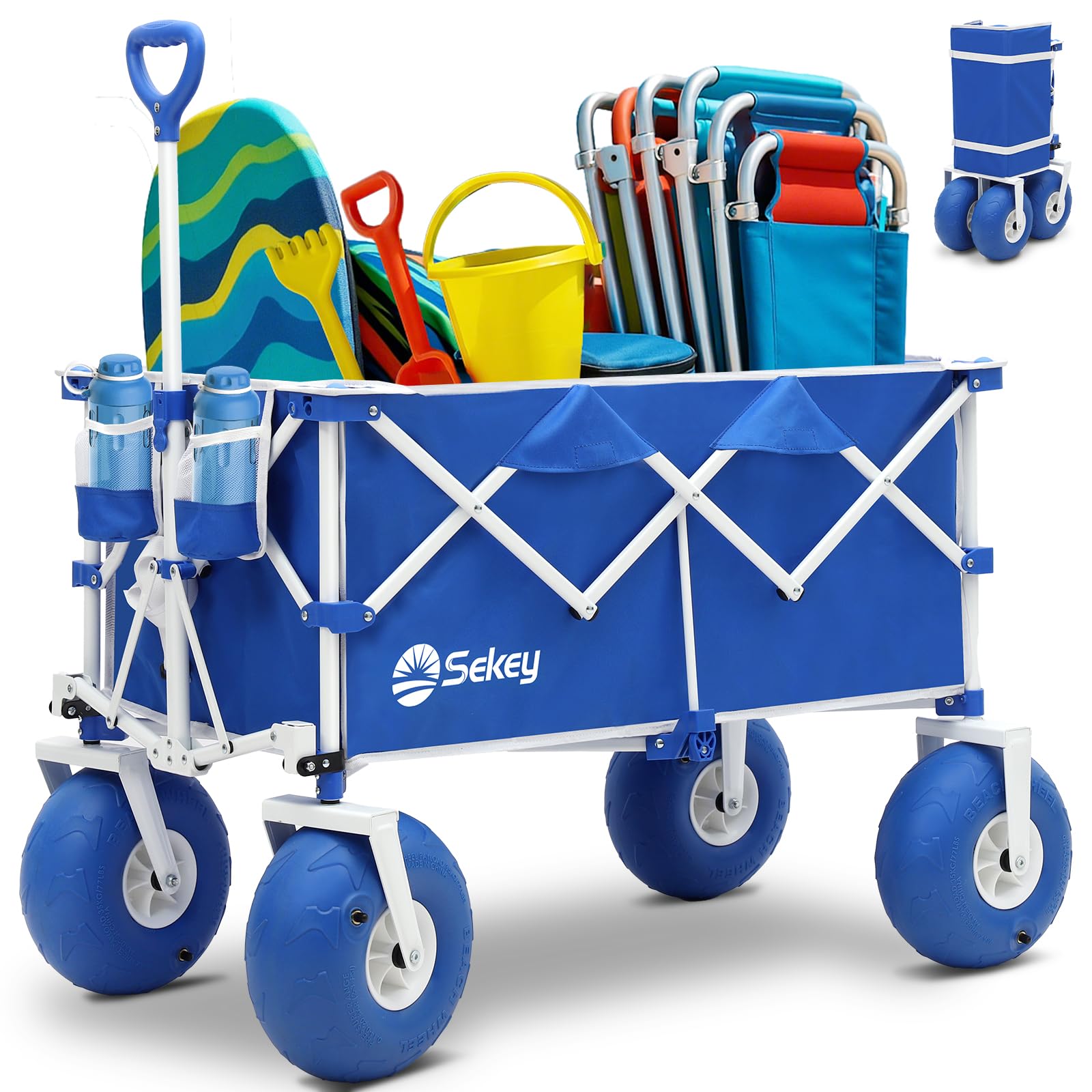 Heavy Duty Beach Wagon with 9" Big Sand-Proof Wheels – 440lb Capacity, Sekey 200L Oversized Foldable Cart | Adjustable Handle & All-Terrain Tires for Sand, Camping, Groceries. Blue&White