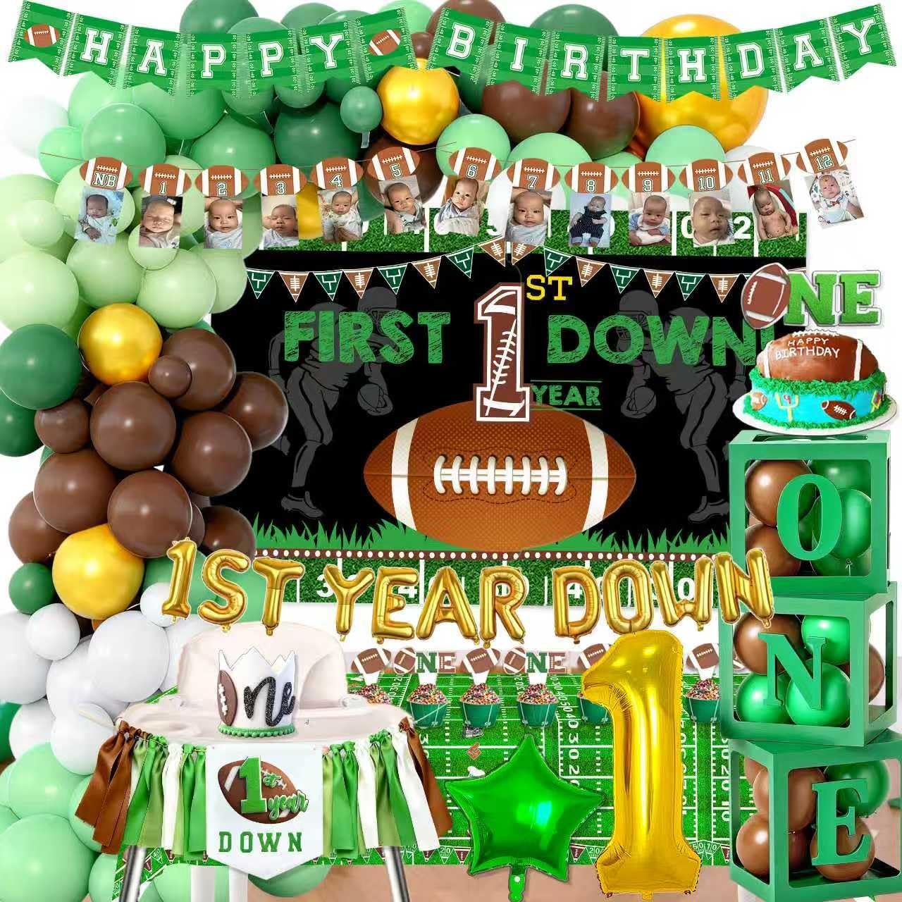 183 PCs 1st Year Down Football Birthday Party Decorations,First Year Down Football Decorations for Boys with 1st Year Down tablecloth, Photo Banner, Balloons, Cake Topper, High Chair Banner....