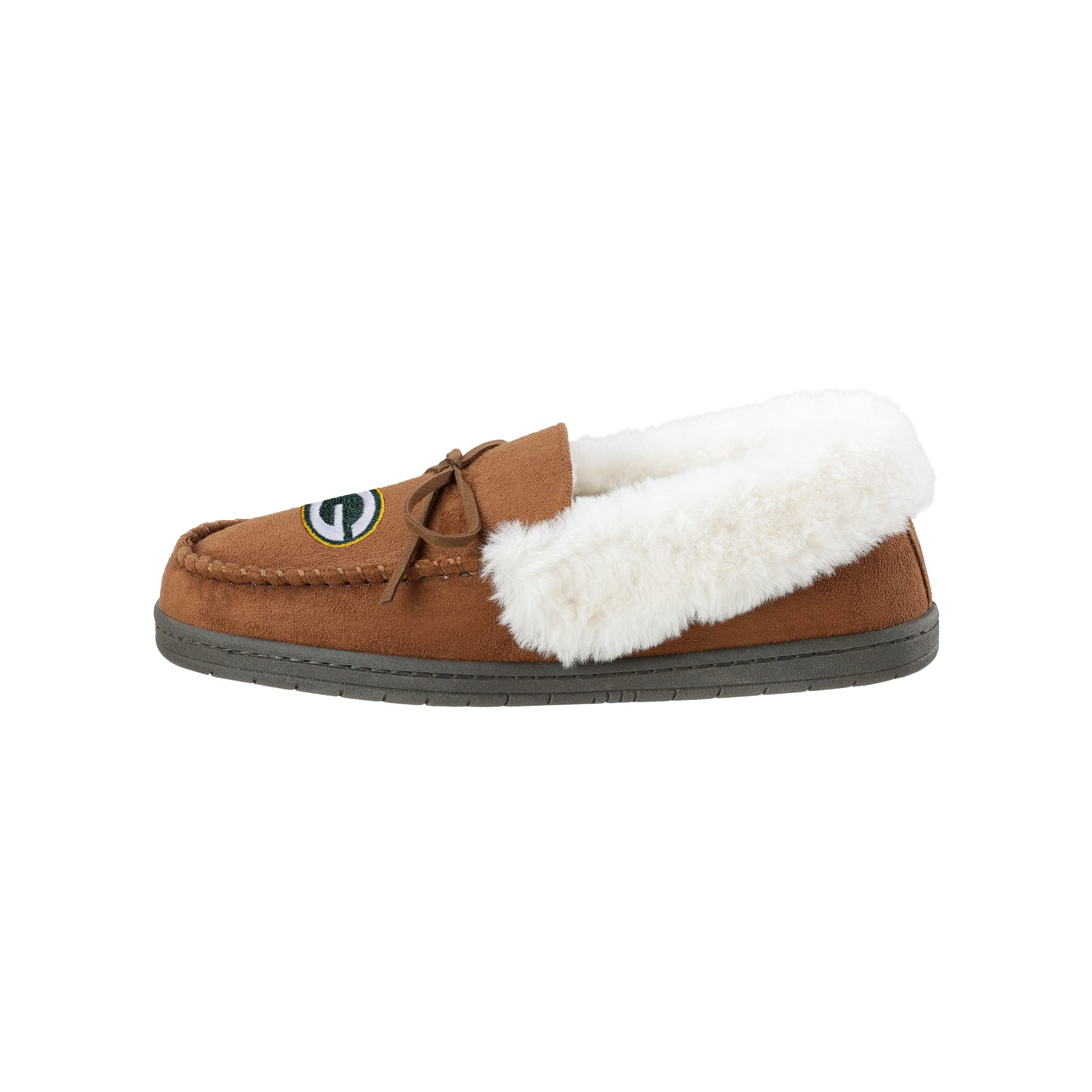 FOCO Green Bay Packers NFL Womens Tan Moccasin Slippers - M (7-8), team logo