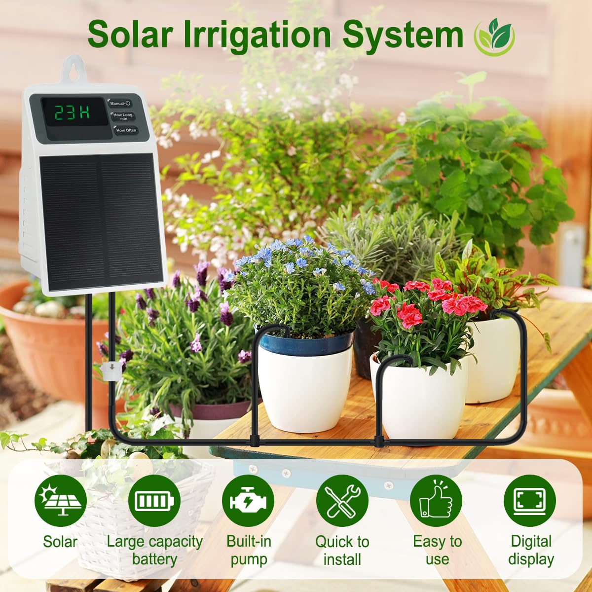 Irrigazione Aautomatica Solare, Irrigazione Programmabile Fai da Te 15 Giorni, Impermeabile con Display Digitale, Kit Irrigazione Solare per 10 Piante in Vaso, Interno, Balcone, Terrazzo ed Esterno