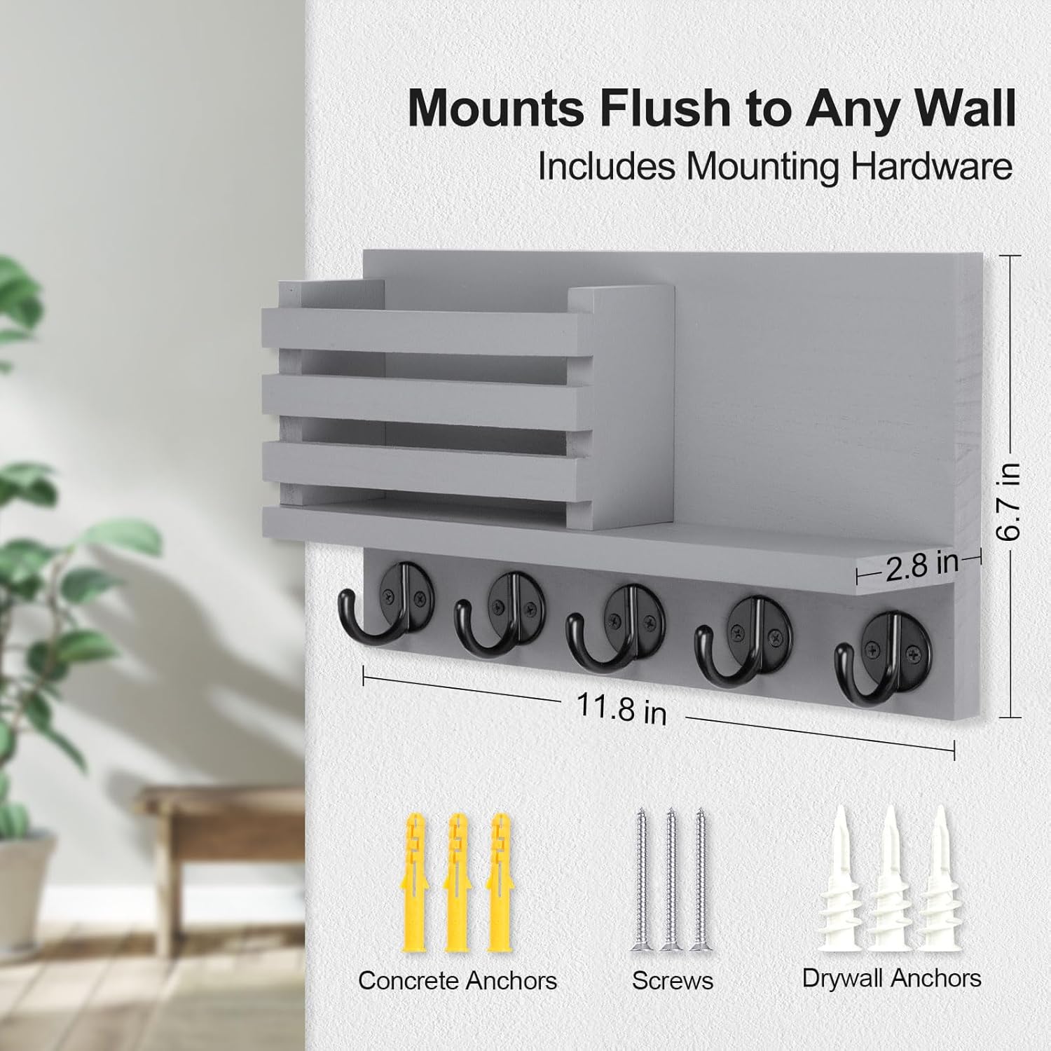 Key Holder for Wall – Decorative Wooden Mail Holder and Key Shelf with Mounting Hardware, Installation Guide – Paulownia Wood with 5 Metal Key Hooks (11.8” x 6.7” x 2.8”)