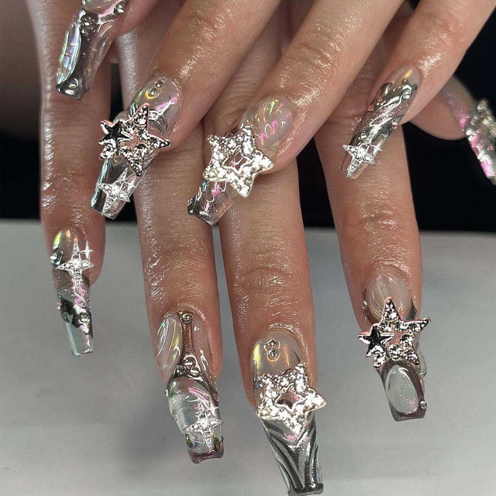 50 Stück Nail Charms – Silberne 3D-Sterne, 4 Verschiedene Stile, Für Nageldesign & DIY