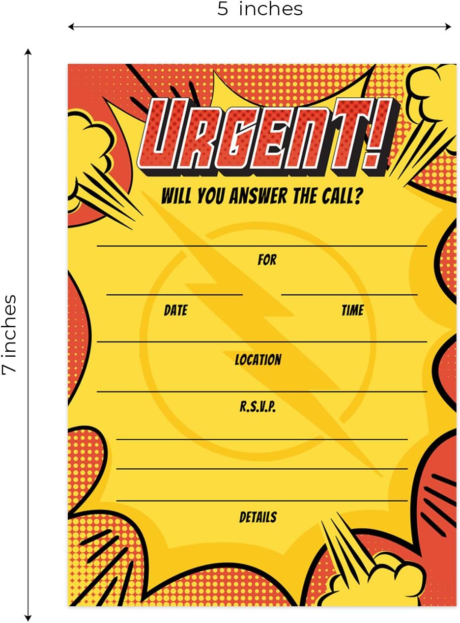 Canopy Street Superhero Birthday Party Invitation / 25 Fill In Comic Book Themed Party Invites With Envelopes / 5" x 7" Flat Birthday Boy Hero Event Invitations/Made In The USA