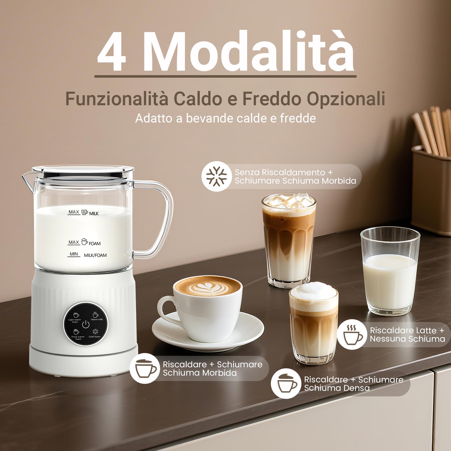 Casimhu Montalatte Elettrico 4 in 1, Cappuccinatore Elettrico per Schiuma Calda e Fredda, Scaldalatte in Vetro, Macchina per Cappuccino, Macchina Automatica per Caffè Latte e Cioccolata Calda, Bianco