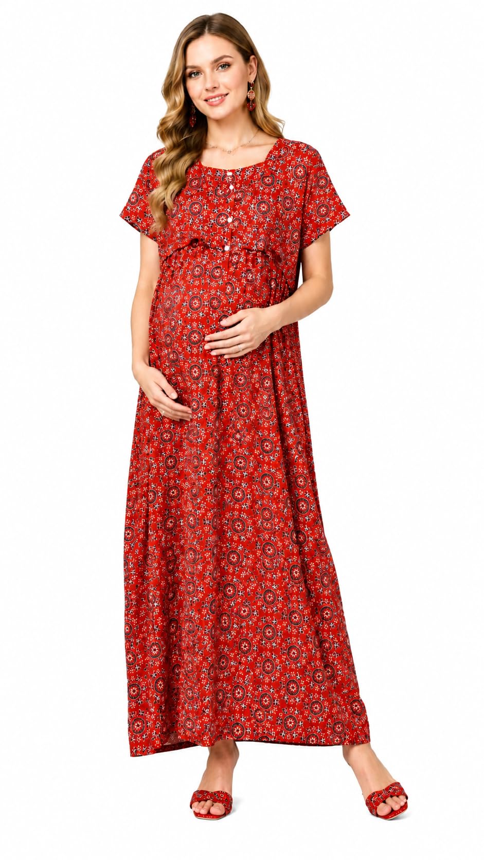 Women’s Maternity Cotton Nighty Gown with Front Zip Feeding | Nursing Nightwear with Side Pocket | Comfortable Pregnancy & Feeding Dress Red-image-4
