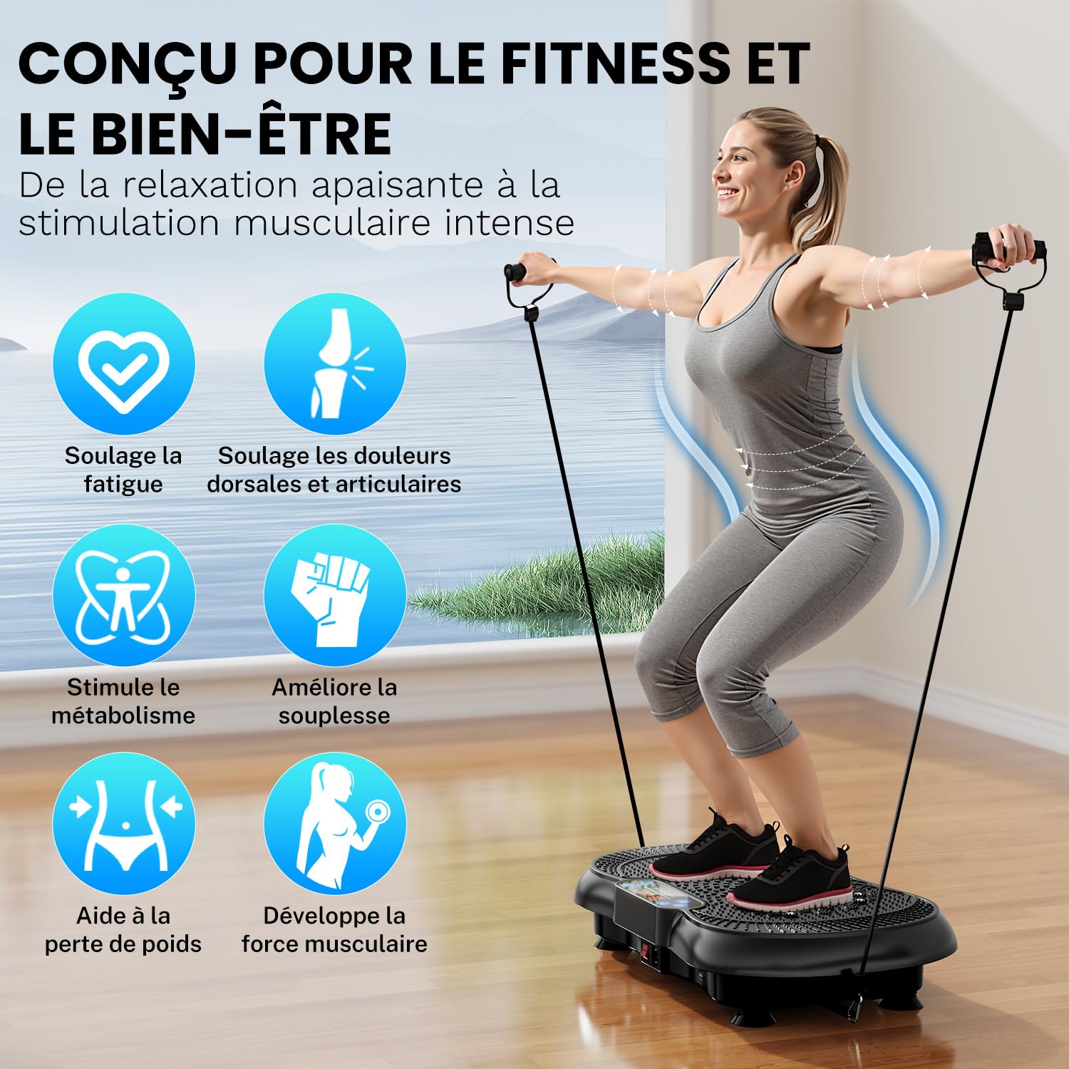 Plateforme Vibrante et Oscillante Fitness 100 Vitesses Télécommande Bandes Machine Sport Maison Silencieuse Capacité 225kg