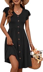 AUSELILY Summer Dress for Women Ruffle Sleeve Midi Sundress with Pockets | Two Side Pockets,Decoration Buttons,Elastic Waist,A-Line Dress,Office,Vacation,Travel