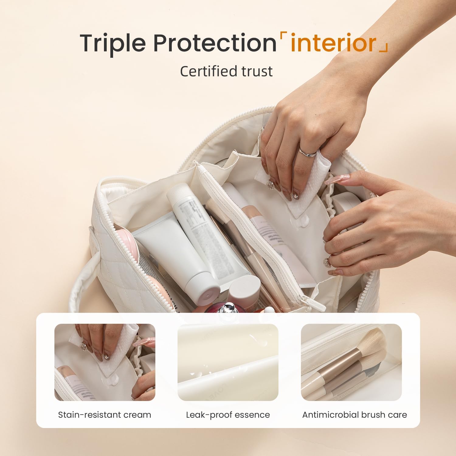 LOVEVOOK Travel Makeup Bag for Women, 2Pcs Puffer Waterproof Cosmetic Organizer, Large Capacity Pouch Open Flat Small Toiletry Bag with Brush Compartment & Handle (Off-white, Medium)