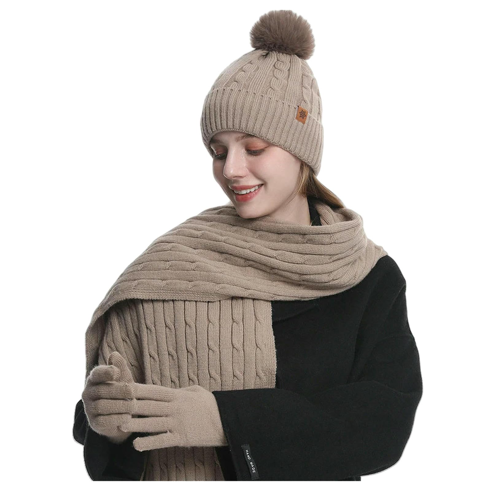 Mütze,Schal & Handschuh-Sets 3 Teile Satz Frauen Winter Hut Schal Handschuhe Faux Pelz Ball Teenager Mädchen Gestrickte Wärmer Anzug Warme Winddicht Frau Kappe Set-rosa-56-60cm