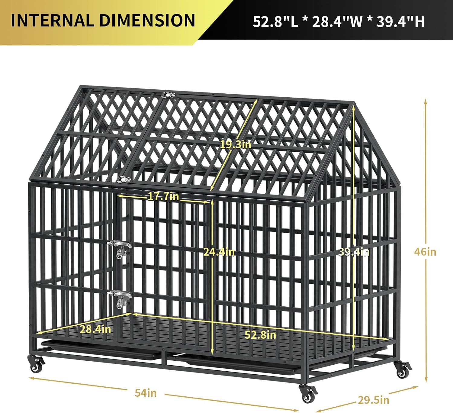 54 Inch Heavy Duty Dog Crate Extra Large Dog Cage Kennel, Indestructible XXL Dog Crate with Open Roof Top, Trays and Wheels, Escape-Proof for High Anxiety Giant Dogs