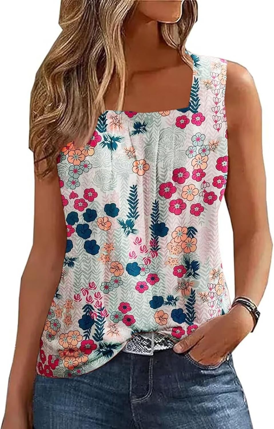 VKEGNIO Ruffled Square Neck Tops For Women Color Block Summer Tank Tops Striped Sleeveless Tops Casual Loose Fit