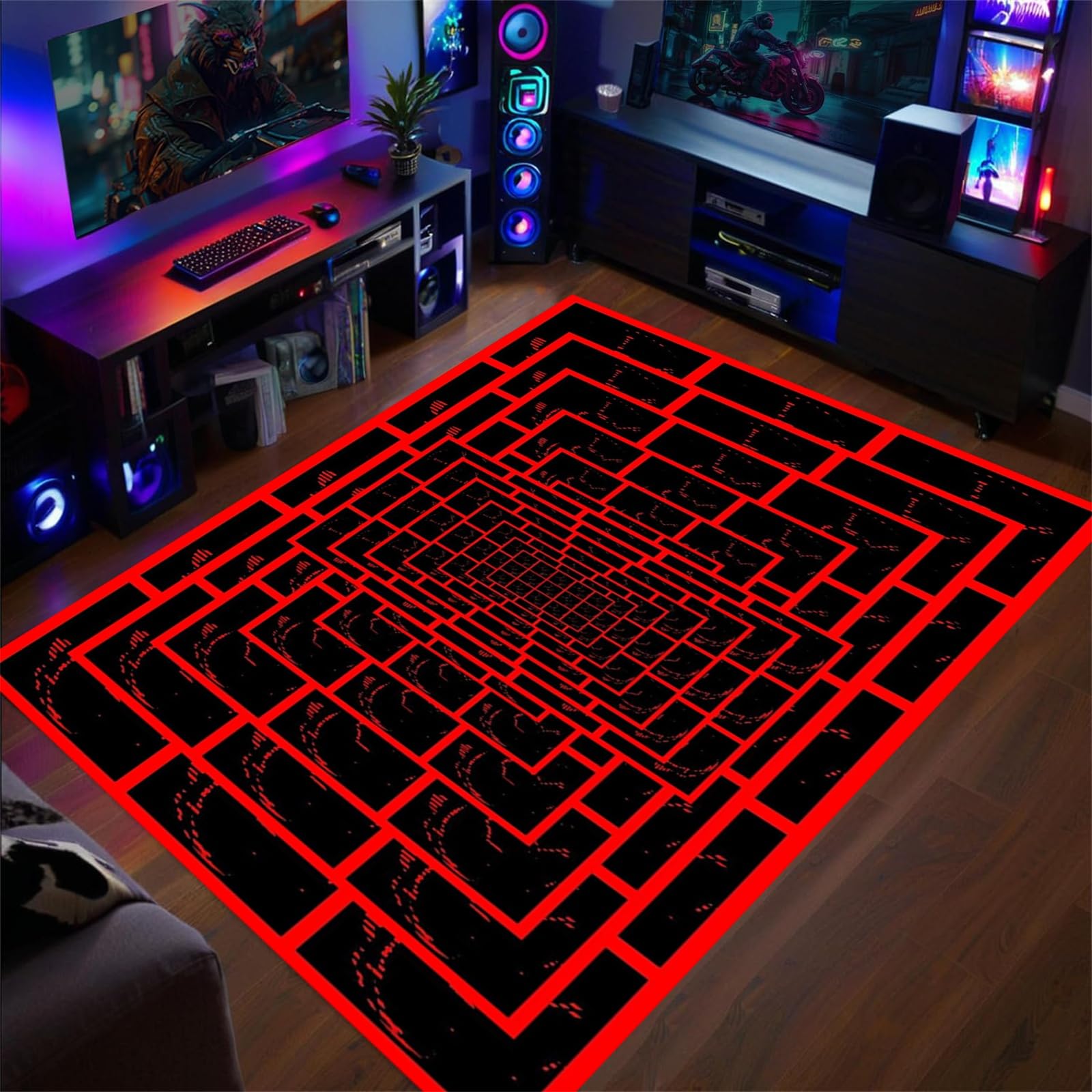 Vaporwave Retro Futuristic Background Abstract Grid Tunnel Rug, Red Geometric Square Patchwork Children's Room Carpet, Suitable For Living Room Indoor and Outdoor Running Carpet Game Mat-100x150 Cm