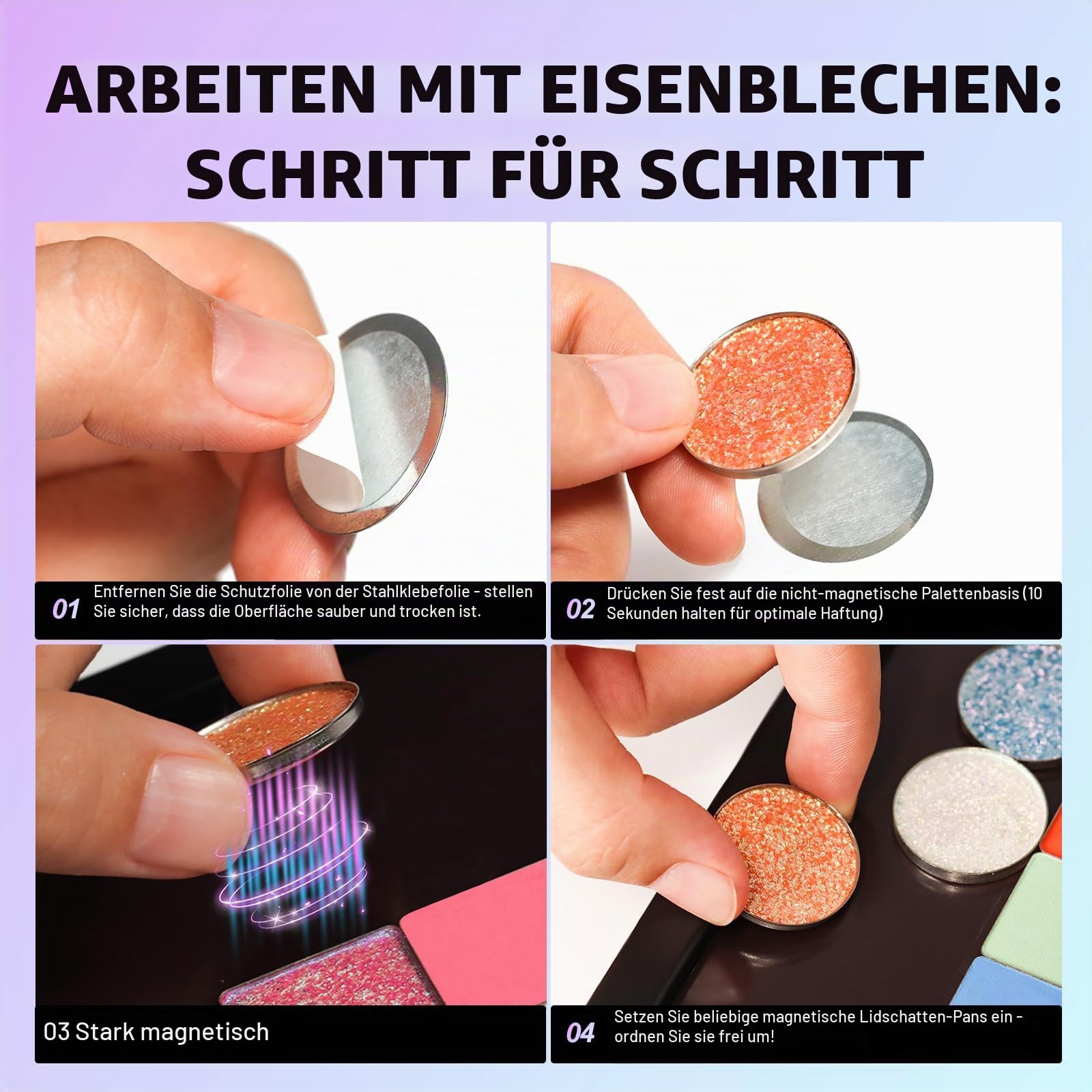 Starke 4-lagige leere magnetische Palette, Buchpalette, 1 Make-up-Spatel, 50 runde Metallaufkleber, 50 quadratische Metallaufkleber