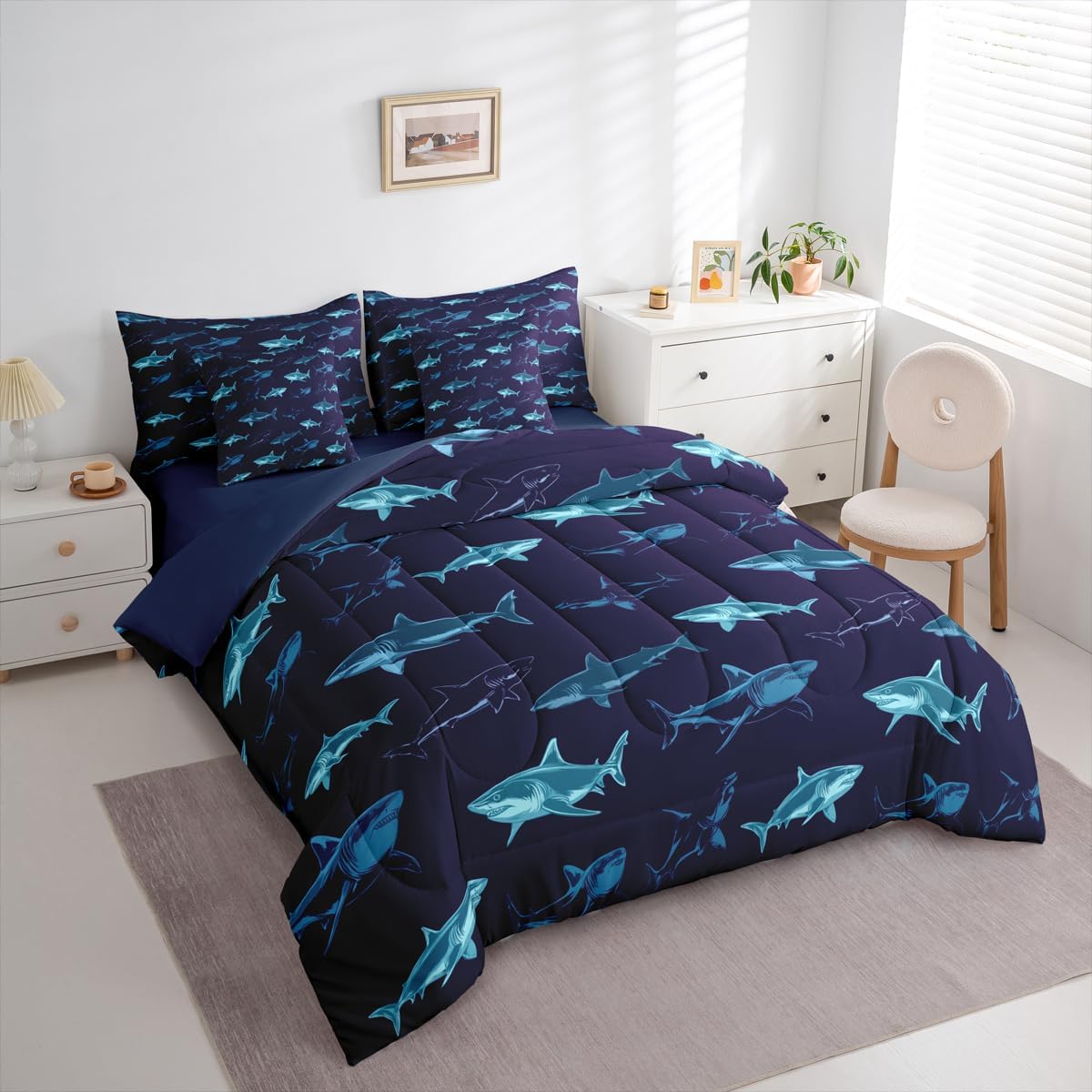 Erosebridal Boys Navy Blue Twin Bed in A Bag 7 Piece Ocean Deep Shark Comforter Set with Sheets for Kids Teen Men Deep Sea Animal Bedding Marine Life Bed Set Sharks Theme Bedroom Decor