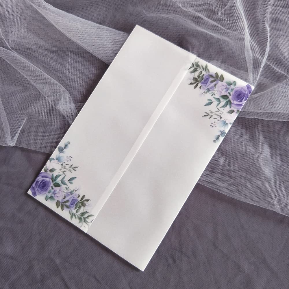 Pergamenthüllen-Karten, 50 Stück Blumen-Einladungskarten mit glitzerndem Etikett und Umschlag, Pergamentumschlag, bedruckbare Karten(Purple,Print Full Set)