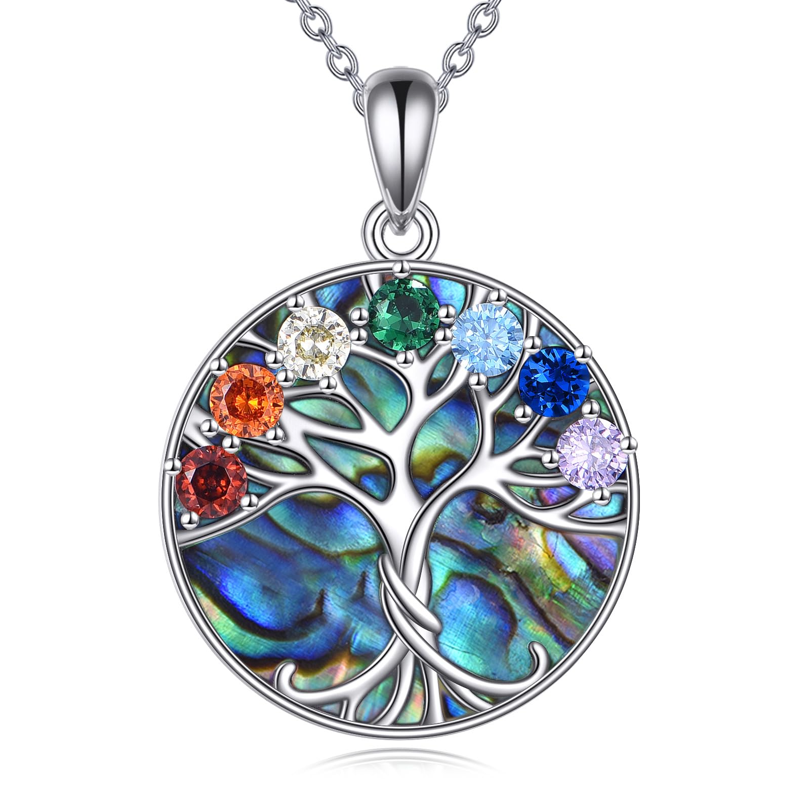 YFN S925 Sterling Silber Lebensbaum Chakra Anhänger Halskette mit 7 Chakra Edelsteinen