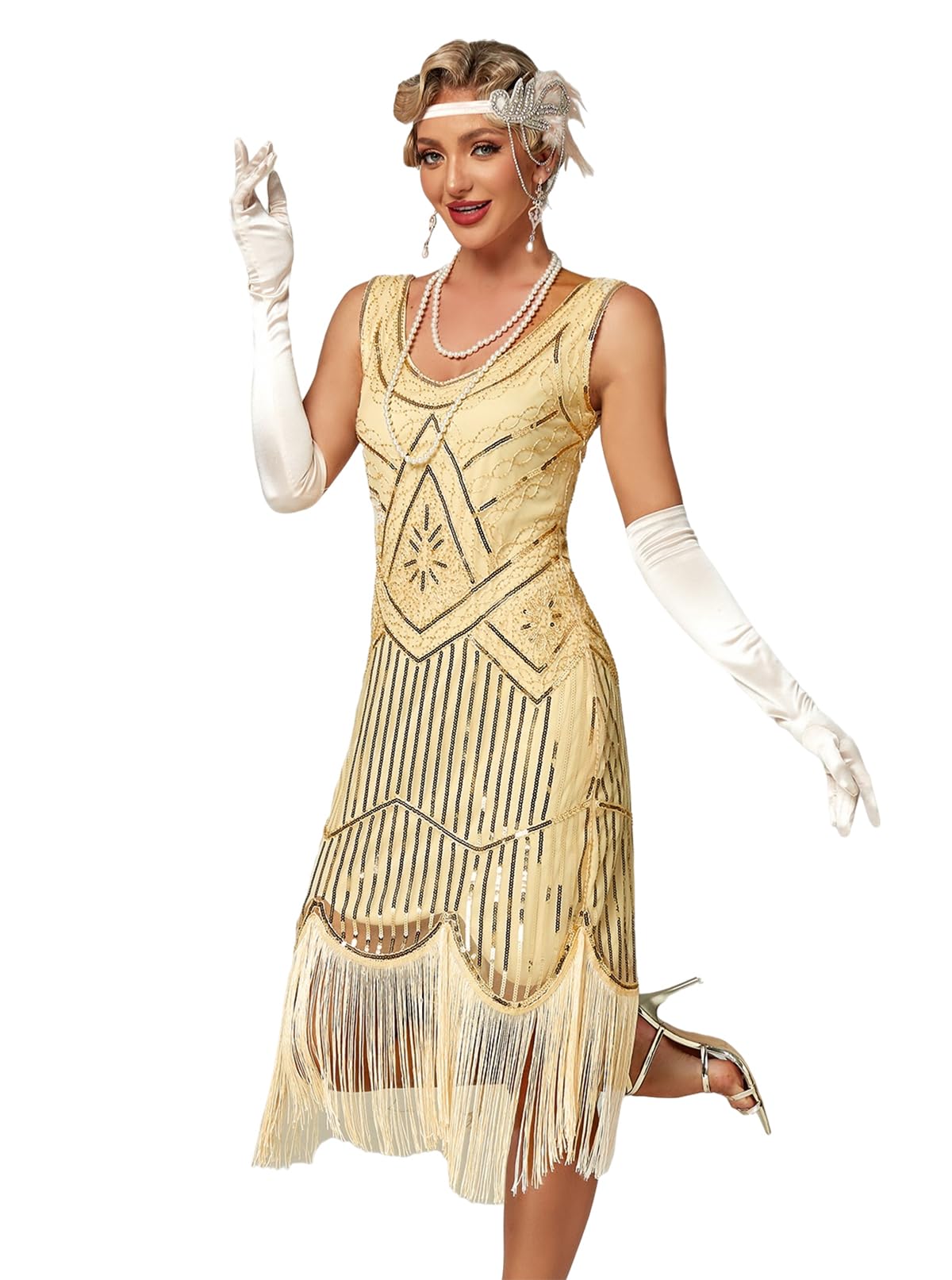 Viloree Mujeres 1920s Vestido con Lentejuelas Embellecido Borlas Dobladillo Vestido de Coctail Flapper