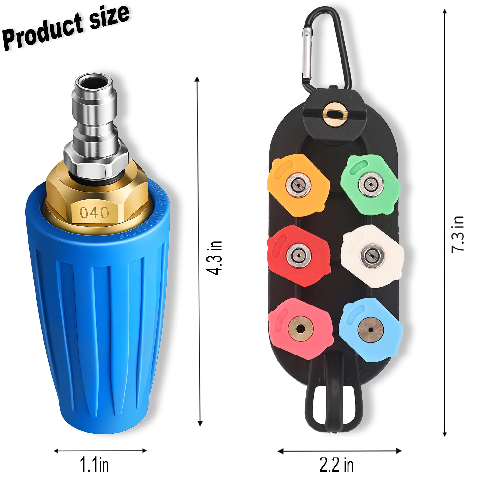 Selkie Boquilla turbo para lavadora a presión, boquilla turbo giratoria de 4000 PSI, conexión rápida de 1/4 pulgadas, 7 puntas de boquilla de pulverización y soporte de boquilla, lavado de múltiples