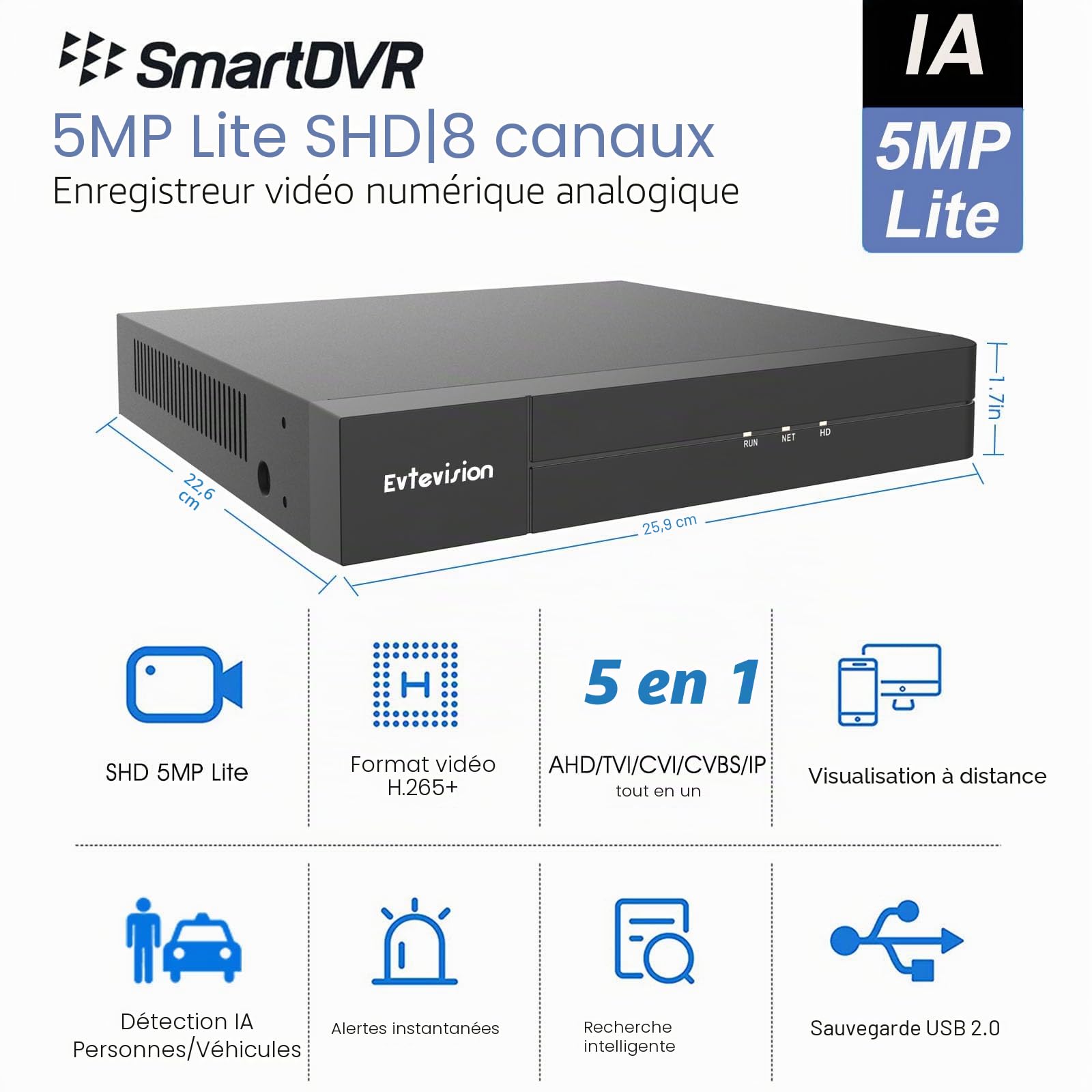 DVR 8CH 5MP Lite pour CVI/CVBS/AHD/TVI, H.265+ DVR Vidéo Surveillance Enregistreur Vidéo avec Détection de Personne/Véhicule, Alerte par E-Mail, Accès à Distance