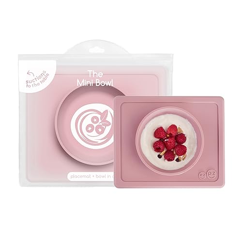 ezpz Mini tazón (rubor) 12 meses + Mantel individual de succión 100% silicona + cuenco para niños pequeños Viene con una bolsa de viaje