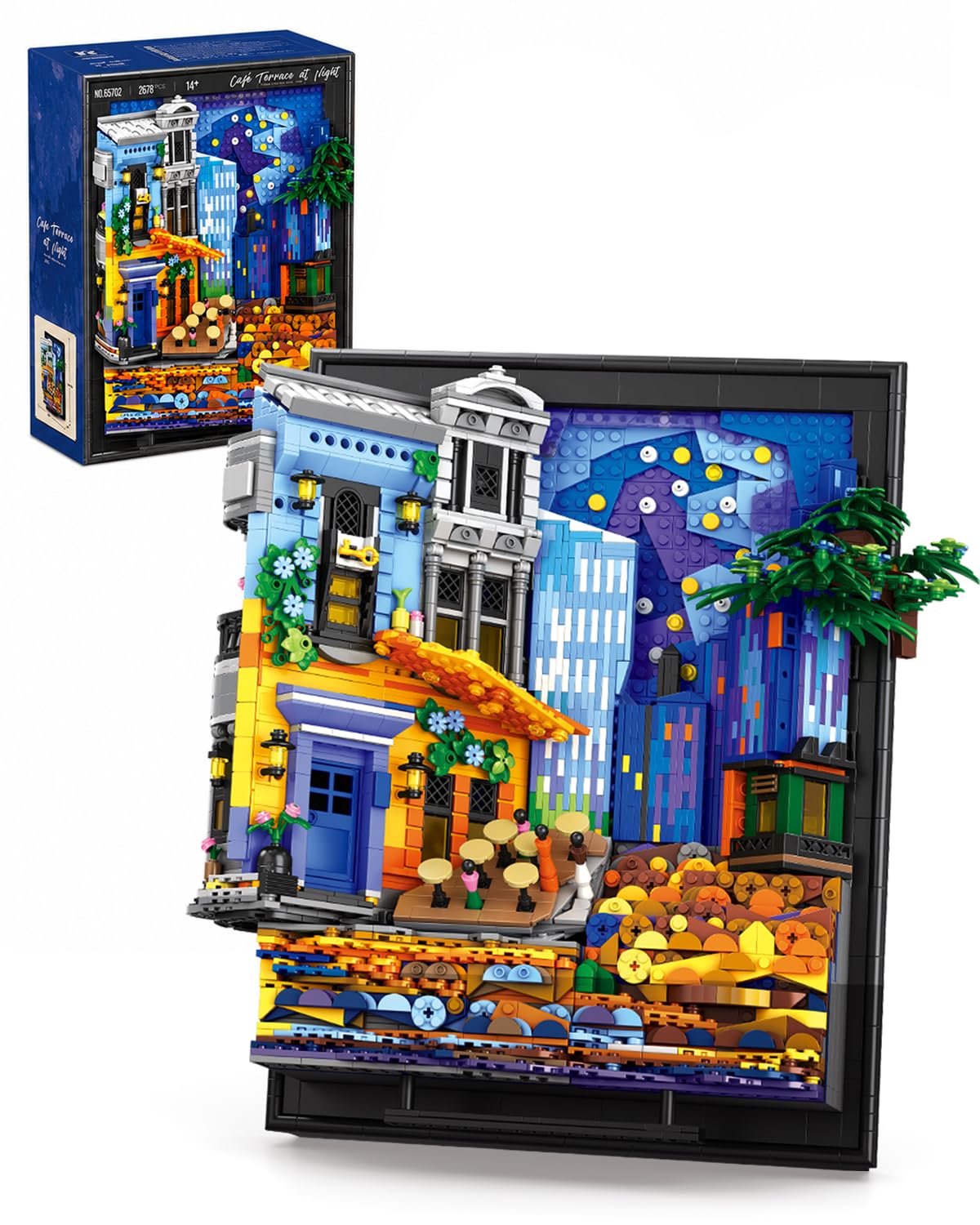 Set de Construction Café Terrace at Night pour Adultes, Tableau Mural 3D Encadré, Kit de Construction Artistique pour Décoration Maison et Bureau, Compatible avec Lego Art, 2678 Pièces