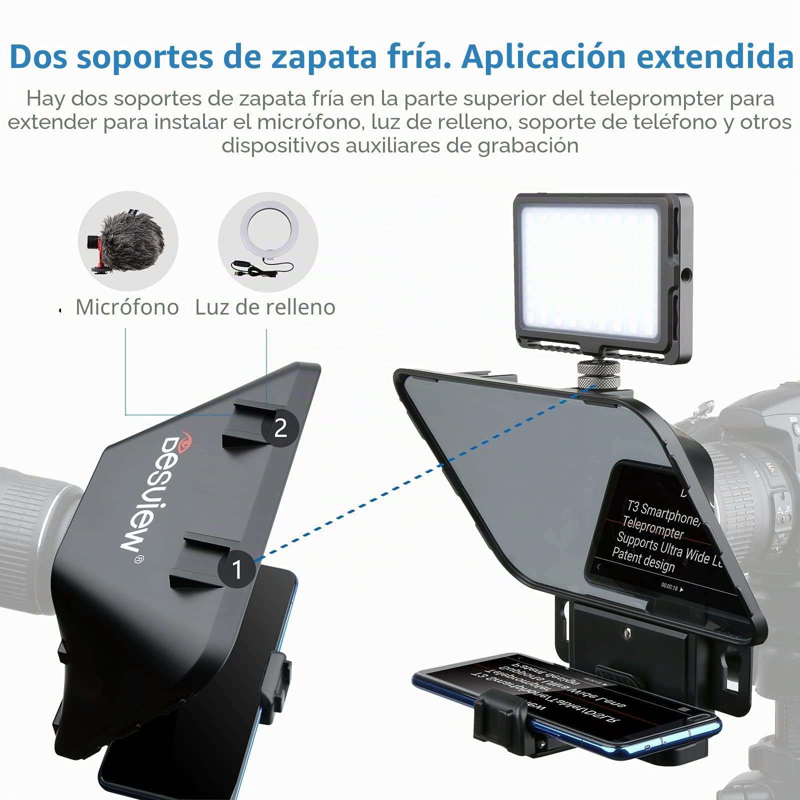 Desview T3 - Telepromptor para iPad/tabletas de hasta 11" con mando a distancia, cristal óptico HD para cámara DSLR/smartphone, grabación de vídeo, aplicación iOS/Android para E-Learning, Streaming y