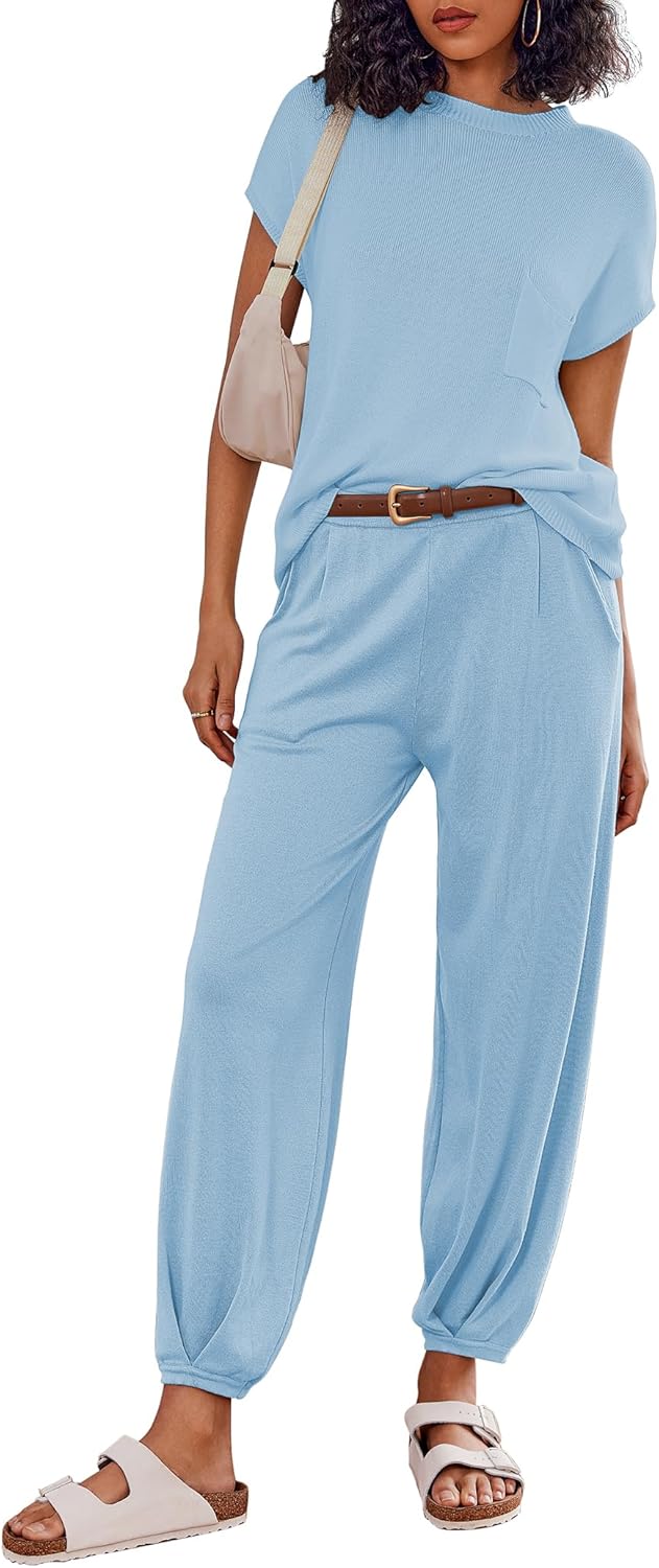 Ekouaer Two Piece Outfits Lounge Sets for Women Sweater Sets Knit Short Sleeve Tops Jogger Pants Matching Tracksuit