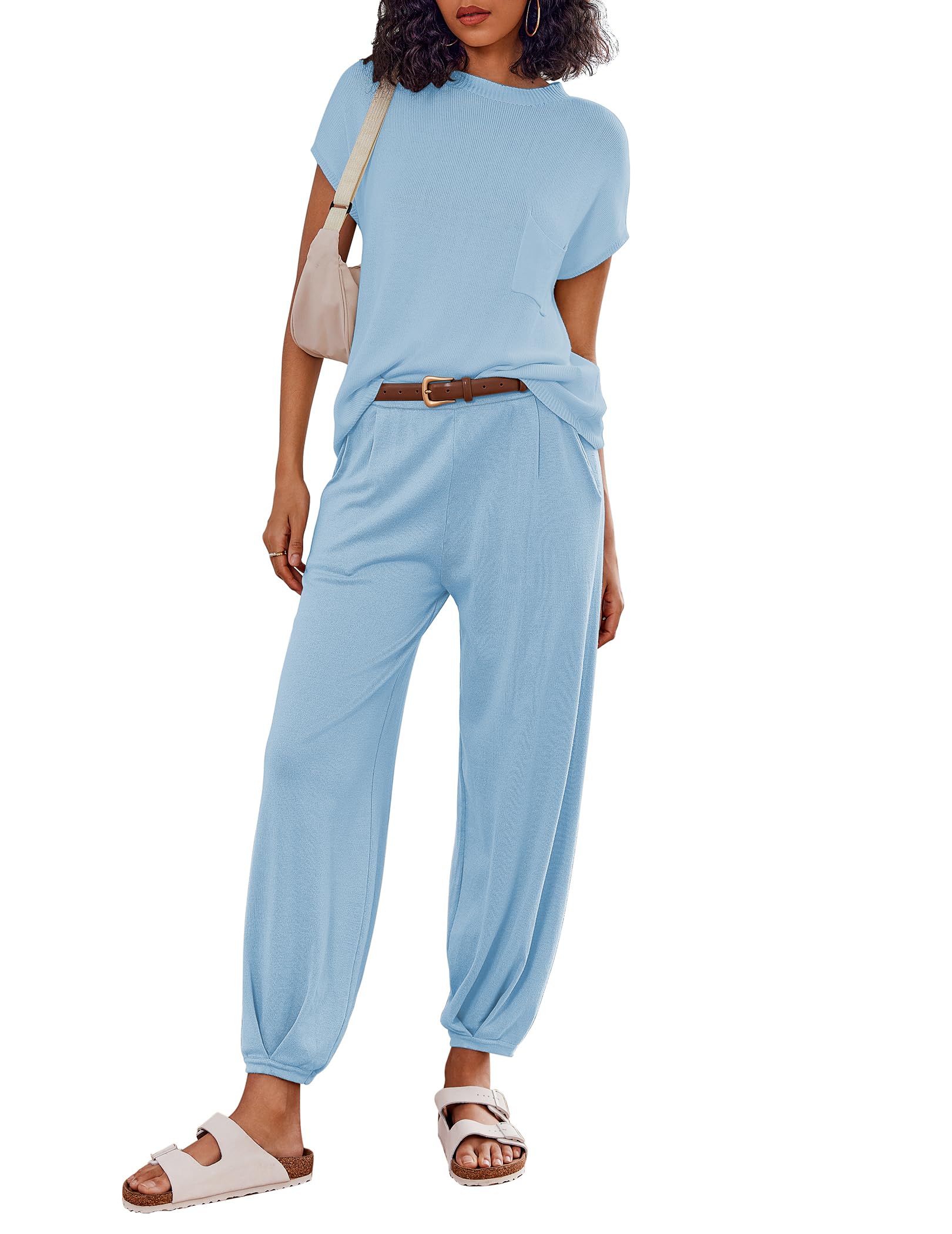 Ekouaer Two Piece Outfits Lounge Sets for Women Sweater Sets Knit Short  Sleeve Tops Jogger Pants Matching Tracksuit