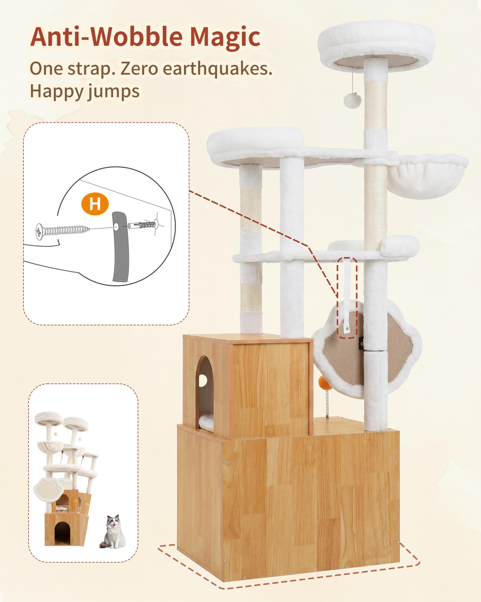 Heybly Árbol para Gatos con Mueble Arenero Oculto, Torre Rascador 162 cm para Gatos de Interior, Condominio de Madera con Casa, Plataformas, Tabla Rascadora y Juguetes, Nogal HCT105WB