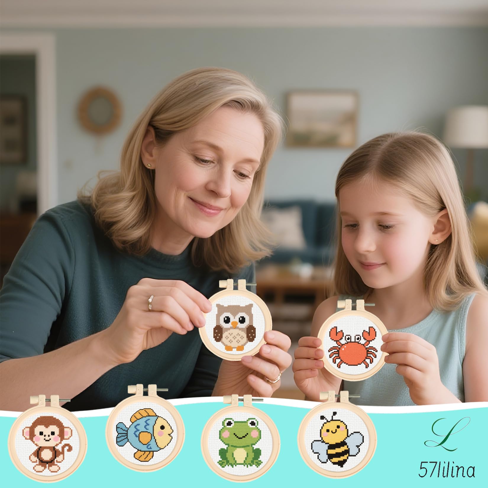 57lilina Einfache Stickset Kinder ab 8 Jahren & Anfänger, 6 Stück | Süß Stickbilder zum Sticken, DIY Klein kreuzstich Set Vorgedruckt für Rucksack-Ornament, Schlüsselanhänger & Geschenke