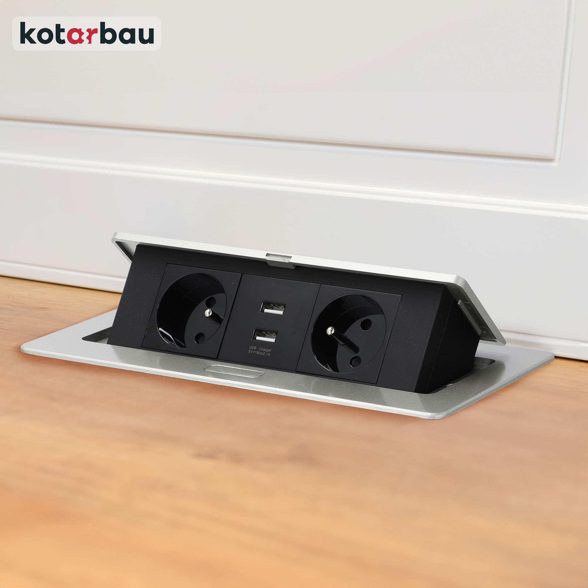 KOTARBAU® - Ciabatta elettrica a 2 prese, con porte USB, in alluminio, colore argento