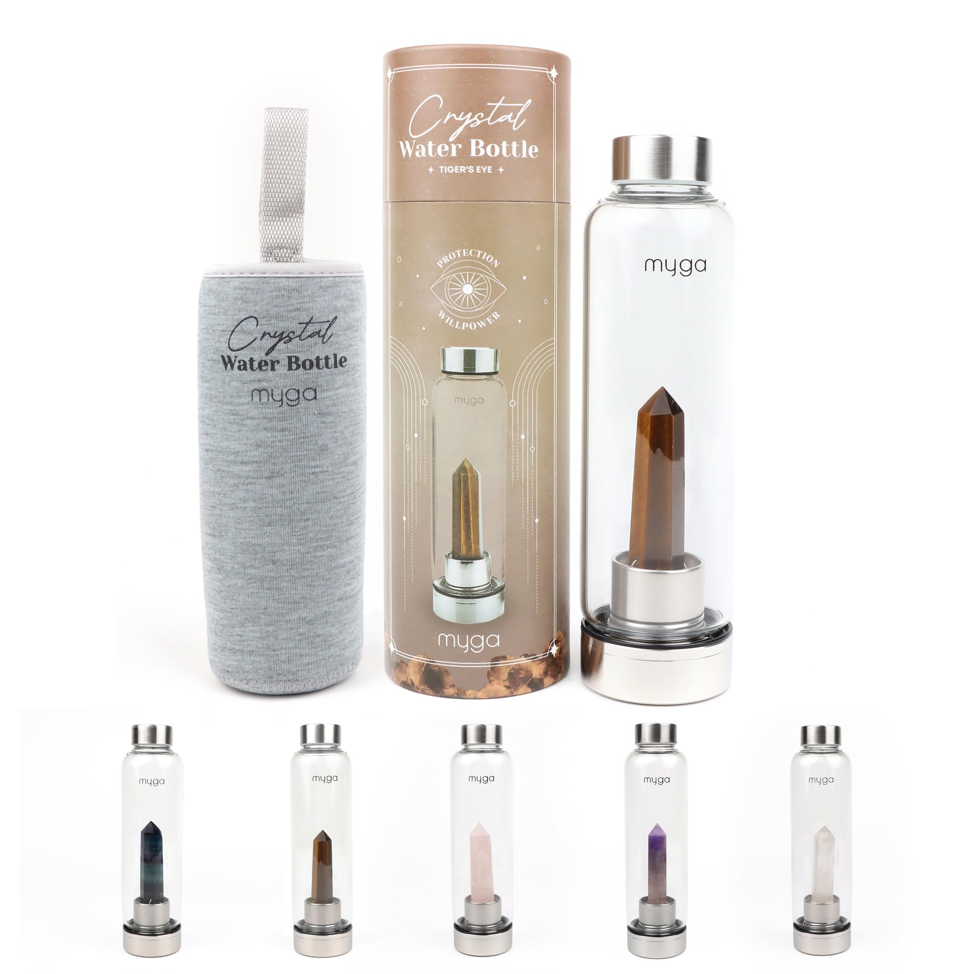 Myga Tigers Eye Crystal Water Bottle - 500Ml Glass Drinks Bottle With Natural Healing Crystal & Neoprene Sleeve For Wellness & Self-Care - Gemstone: