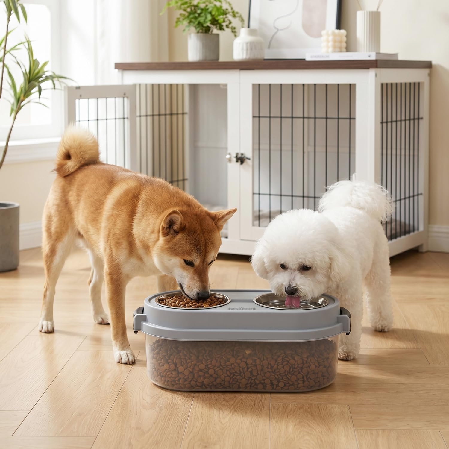 Nobleza 2 in 1 Ciotola per Cani Rialzata con Contenitore Ermetico, 5L + 2 * 400ml Ciotole in Acciaio Inossidabile – Alimentatore per Cani Piccoli e Medi, Grigio
