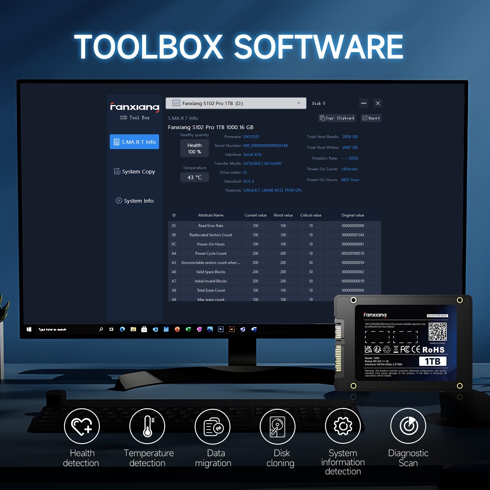 fanxiang S101 256Go SSD Disque Interne SSD SATA III 6 Go/s 2,5" Vitesse de Lecture jusqu'à 520 Mo/s, Compatible avec Ordinateurs Portables et Ordinateurs de Bureau (Noir)