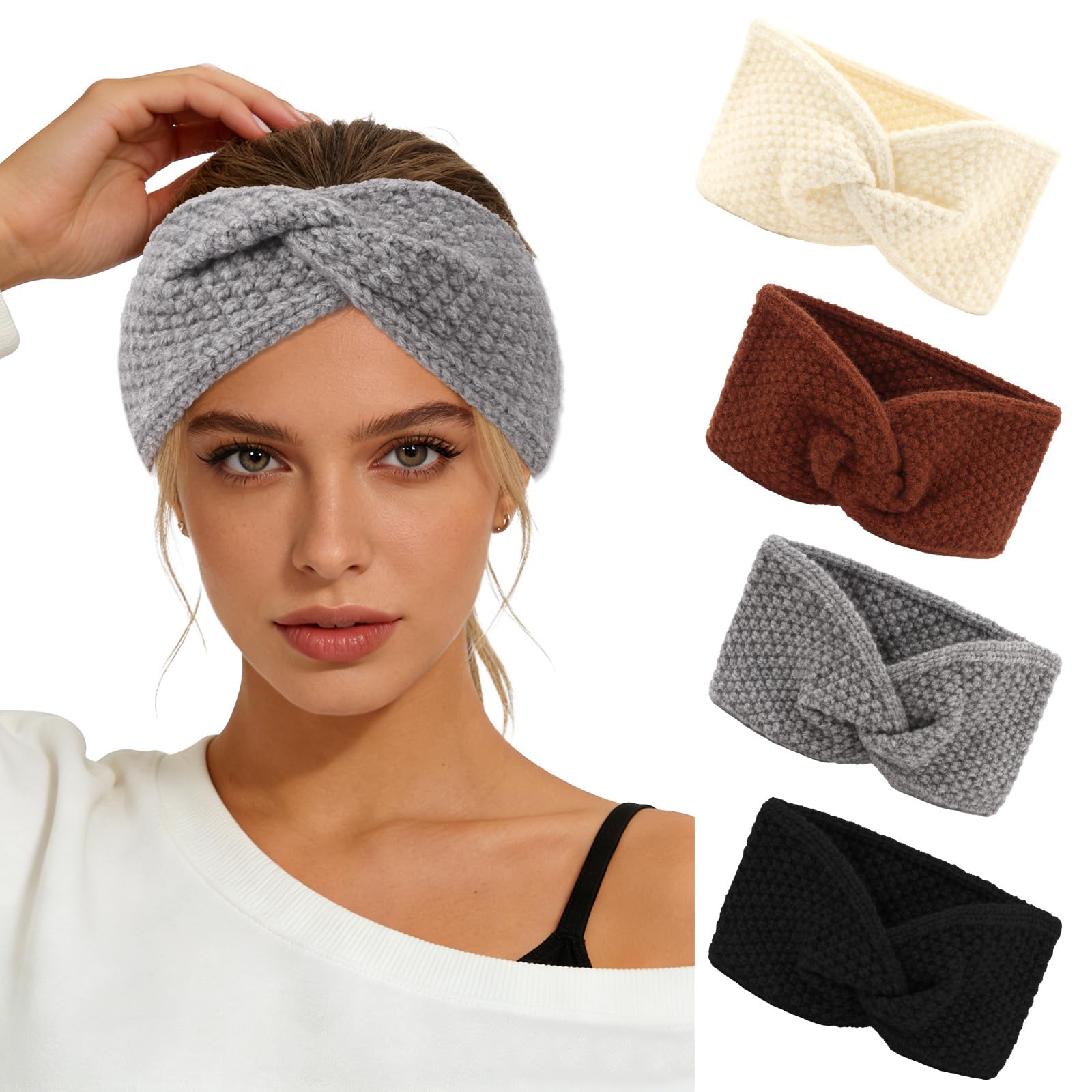 4 x Knitted Winter Headbands, Earmuffs for Women, Thickened Cable Knit Ear Warmers for Cold Weather, Outdoor Sports and Daily Styling-image-21