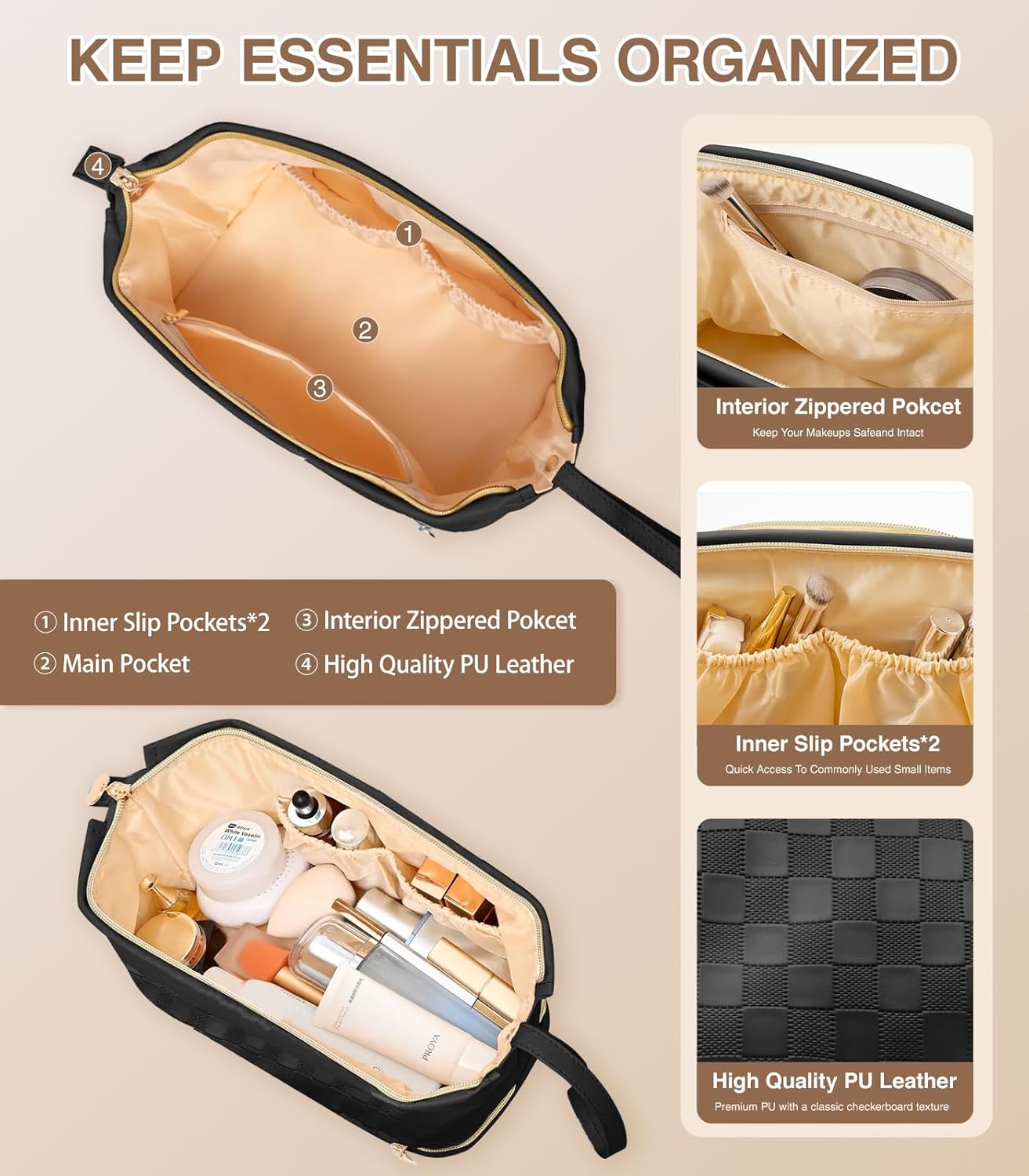 Toiletry Bag for Women, Large Makeup Bag with Double Layer Design, Waterproof Checkered Makeup Organizer Bag, PU Leather Cosmetic Travel Bag with Brush Compartment, Black - Image 2