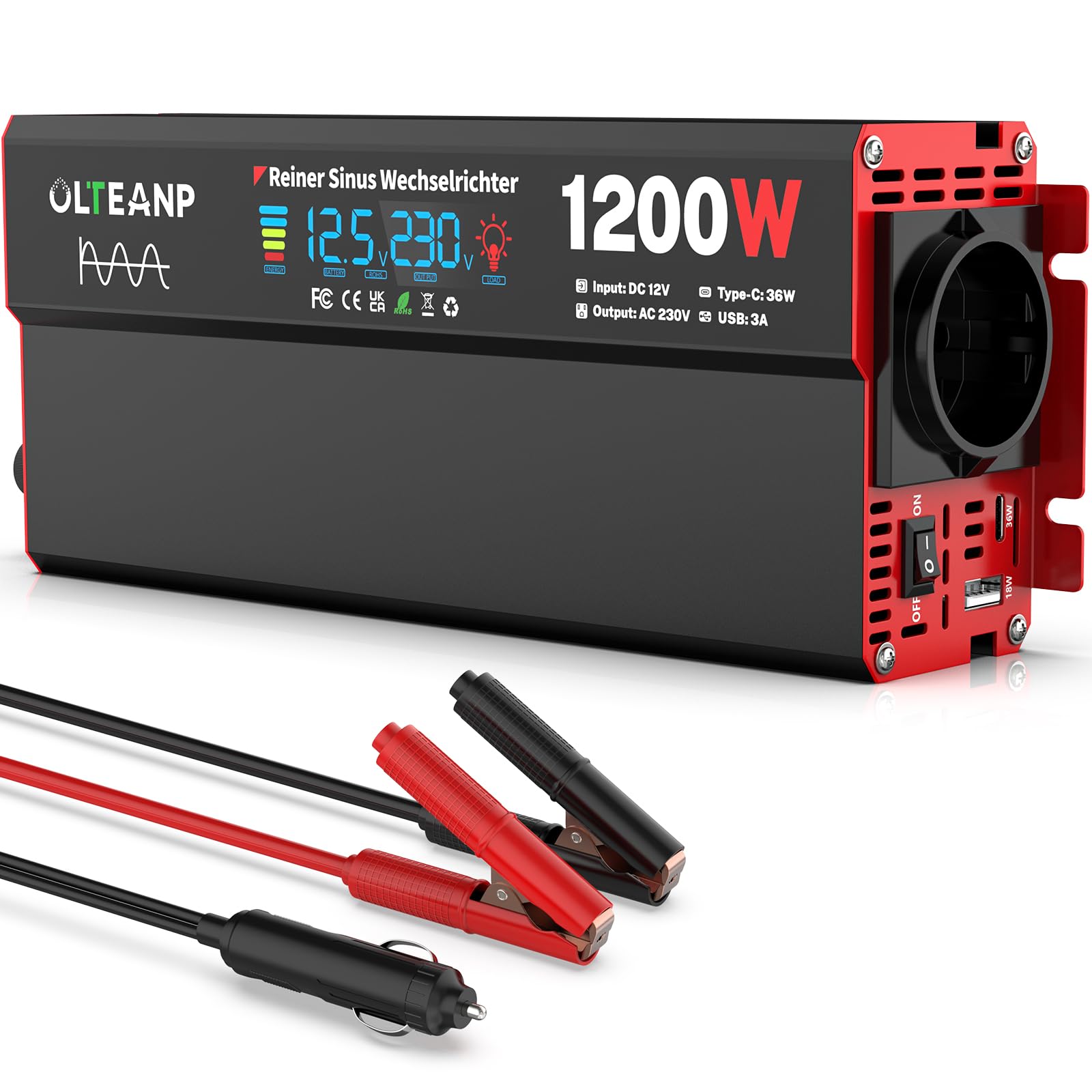 OLTEANP Wechselrichter 12V auf 230V Reiner Sinus,Spannungswandler 1200W Inverter mit LCD-Bildschirmanzeige, AC-Steckdosen, 36W Typ-C-Anschluss, 5V/3A USB-Anschluss für LKW,Zuhause,Fahrzeuge