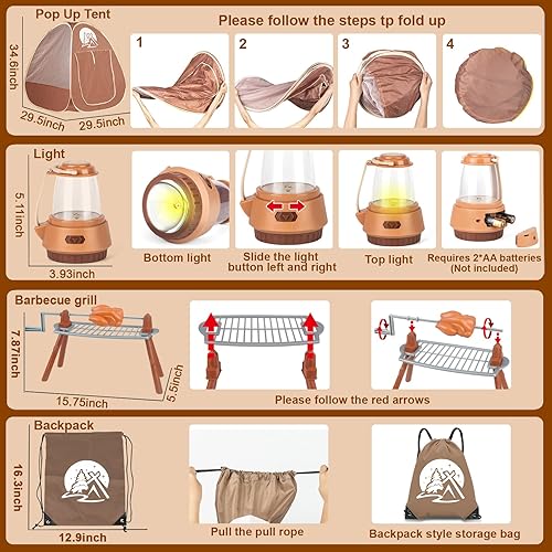 Miniatura 6 de NisKaqsn Juego de 80 juguetes de campamento para niños con tienda de campaña de juego, juego de parrilla de barbacoa, juego de comida de corte de