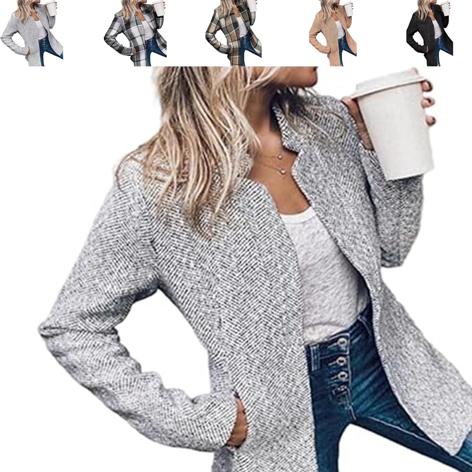 Womens Open Front Long Sleeve Blazer Coat with Pockets Casual Slim Fit Work Office Jacket Stand Collar Zipper