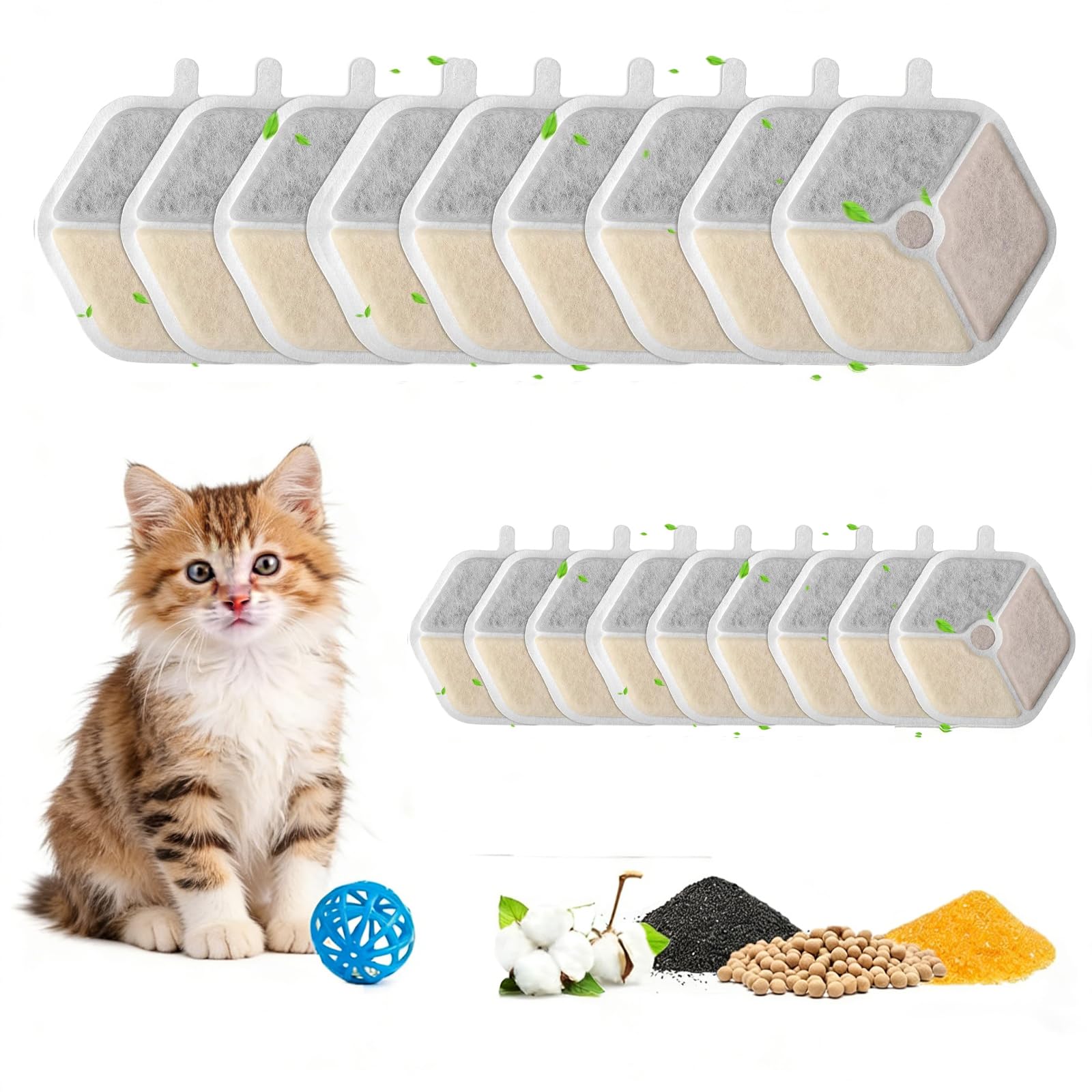 ANBOO 9 Pack Cat Water Fountain Filters with 9 Pump Sponges, Hexagon Activated Carbon Replacement Filters for Cat Water Fountain, Compatible with Oneisall Cat Fountain Multistage Pet Fountain Filters
