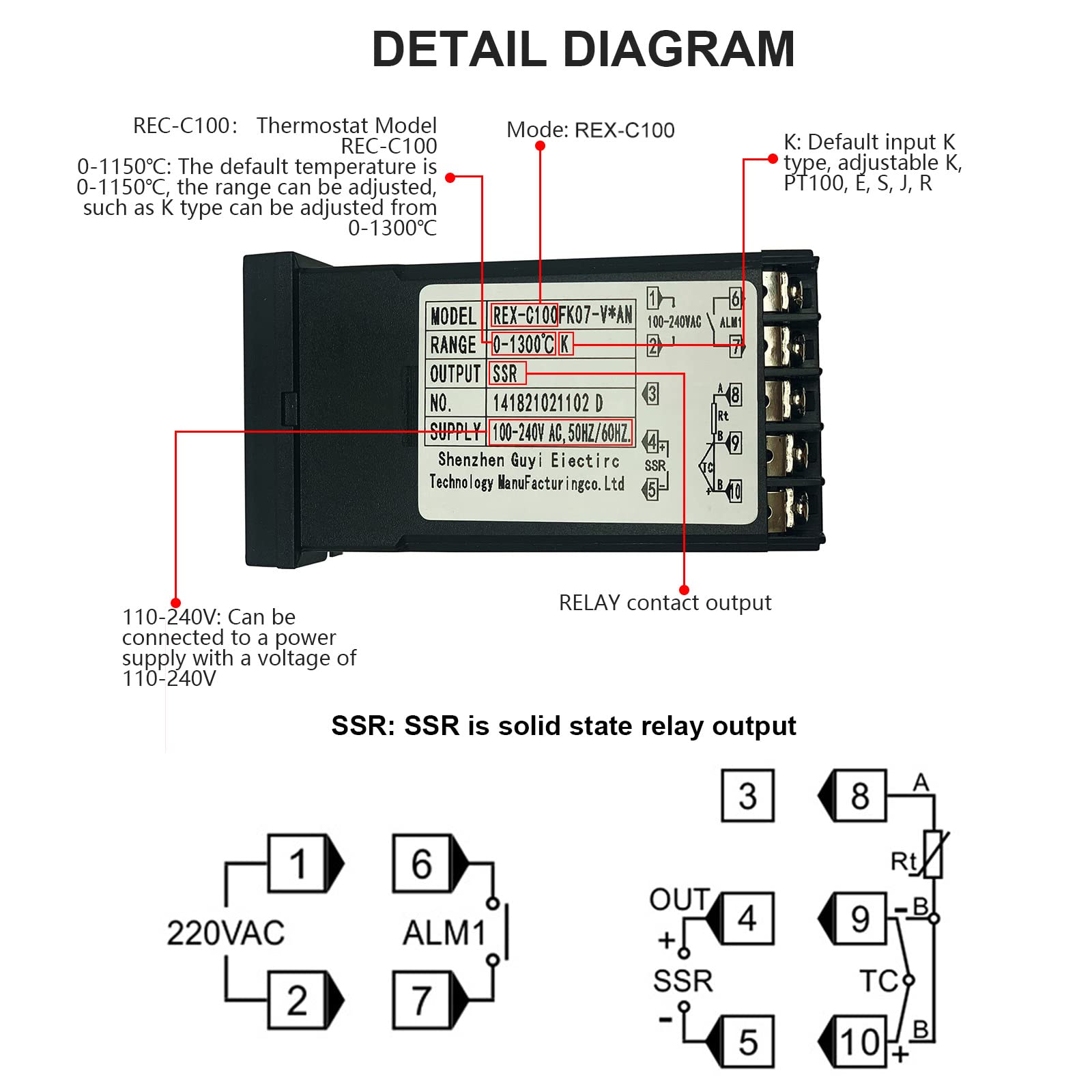 PID Contrôleur de Température Régulateurs REX-C100 0~1300 ℃ Thermostats Affichage Numérique avec K/PT100/E/J réglable Capteur, Relais à Semi-Conducteurs 40A+1M Thermocouple K Kit, SSR Sortie